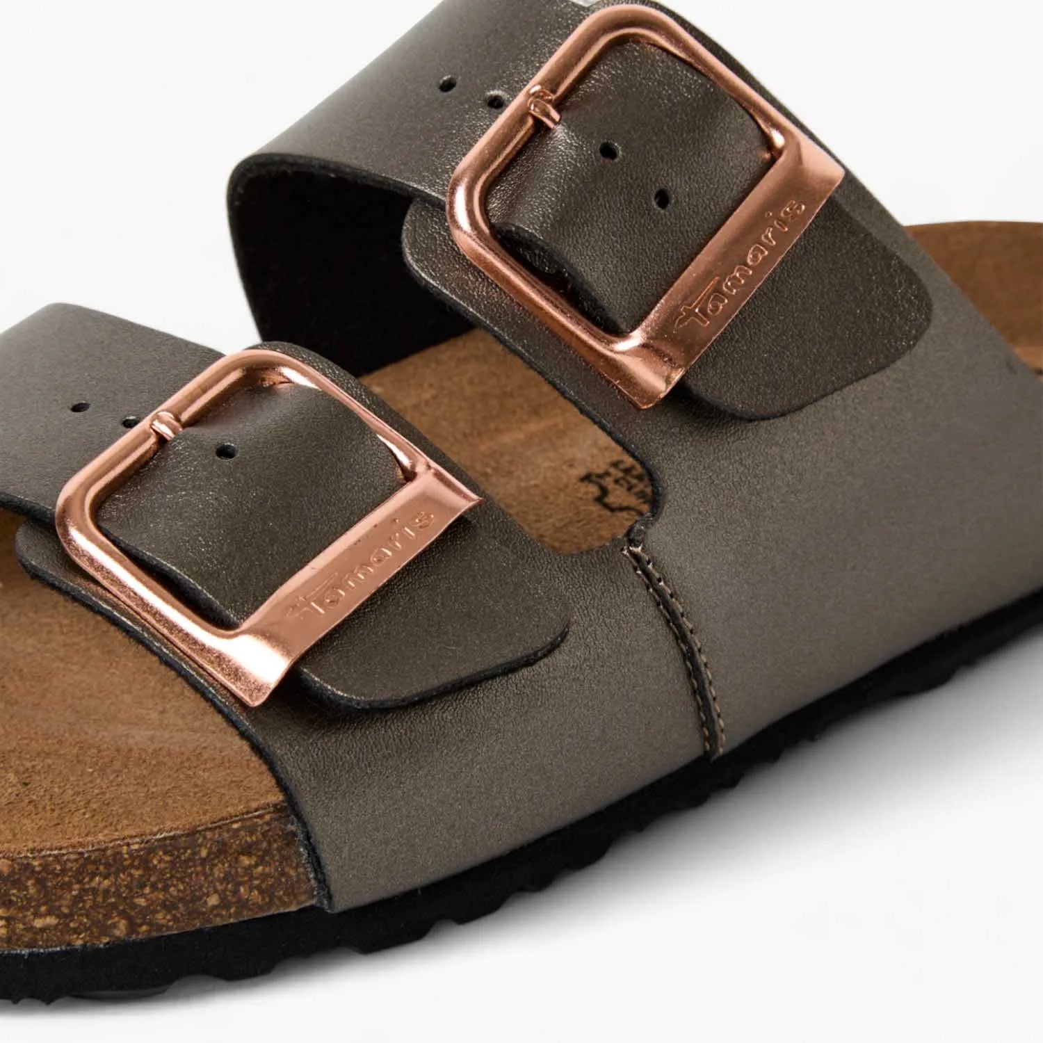 Tamaris Grey Double-Strap Sandal – Rose Gold Buckles & Cushioned Comfort - Leavys Shoes