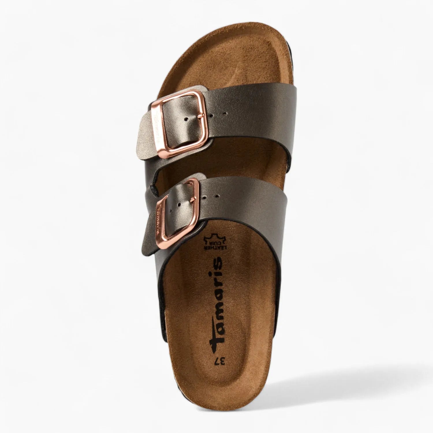 Tamaris Grey Double-Strap Sandal – Rose Gold Buckles & Cushioned Comfort - Leavys Shoes