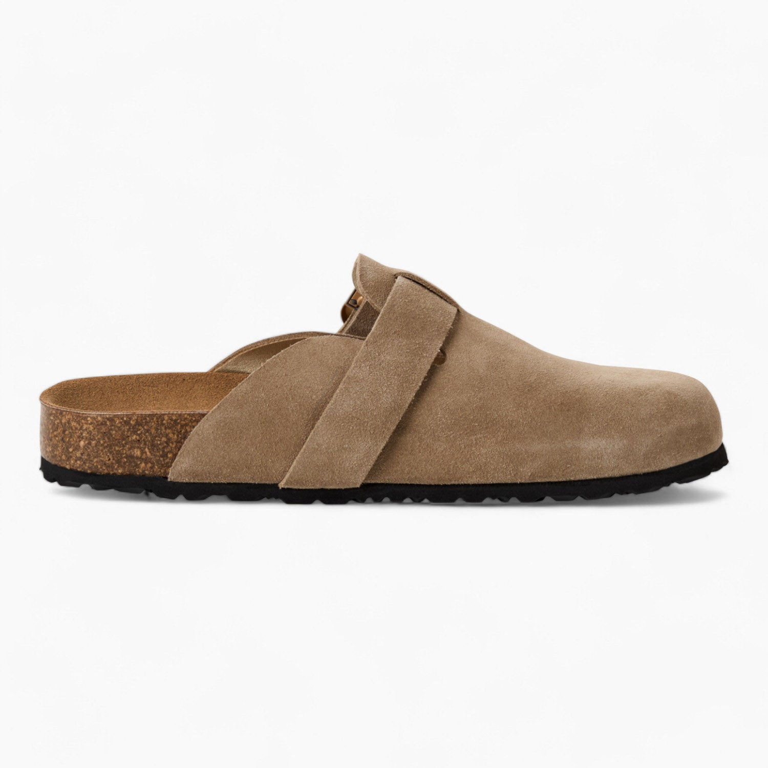 Tamaris Suede Buckle Clogs in Soft Beige with Cork Sole