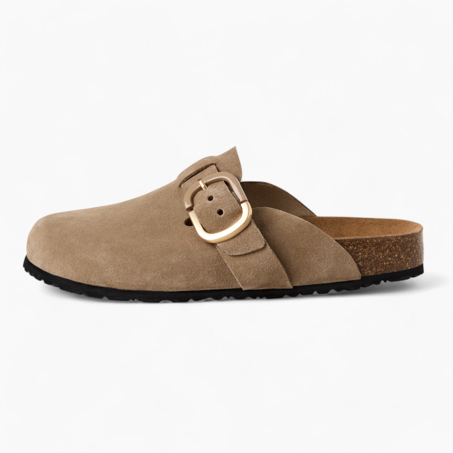 Tamaris Suede Buckle Clogs in Soft Beige with Cork Sole