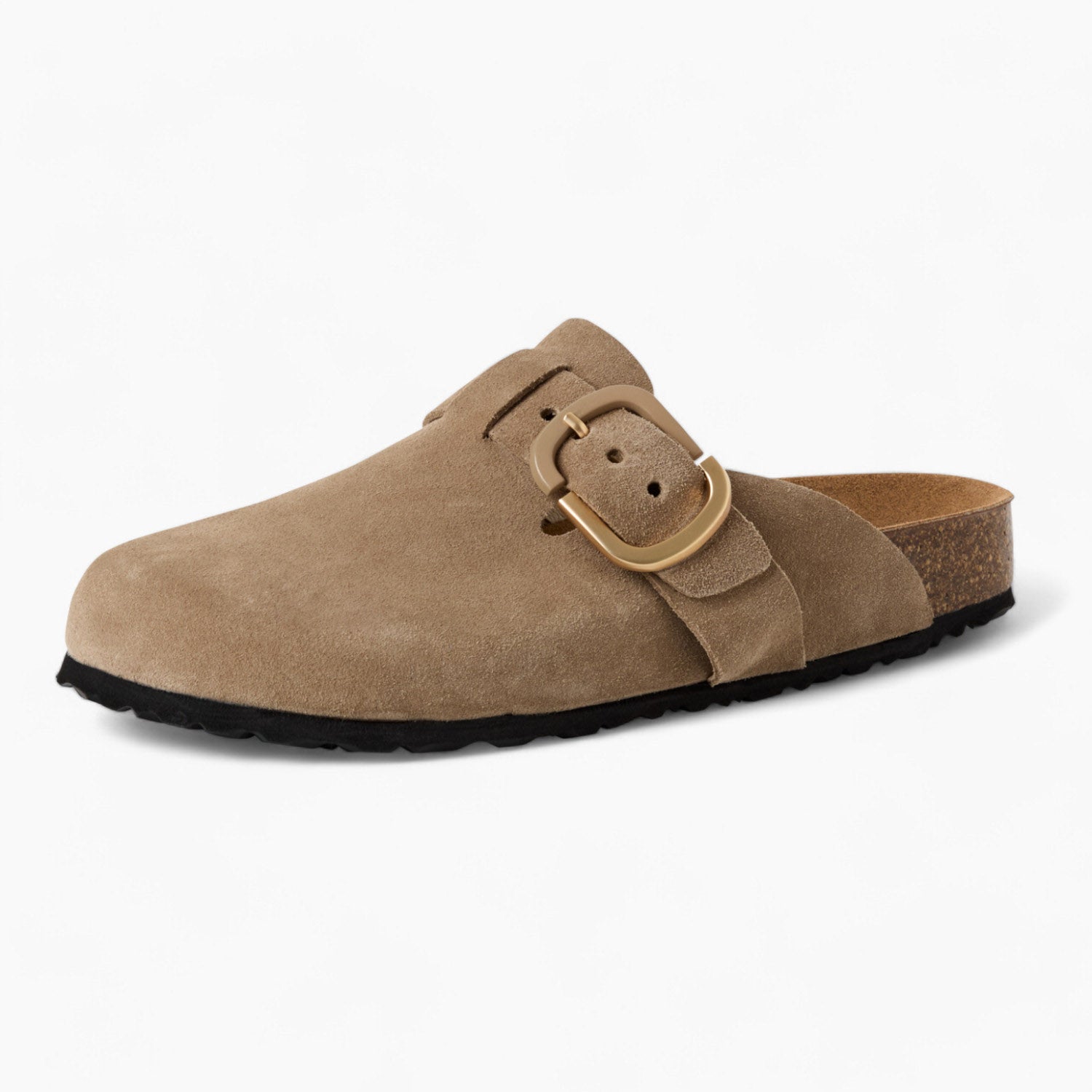 Tamaris Suede Buckle Clogs in Soft Beige with Cork Sole