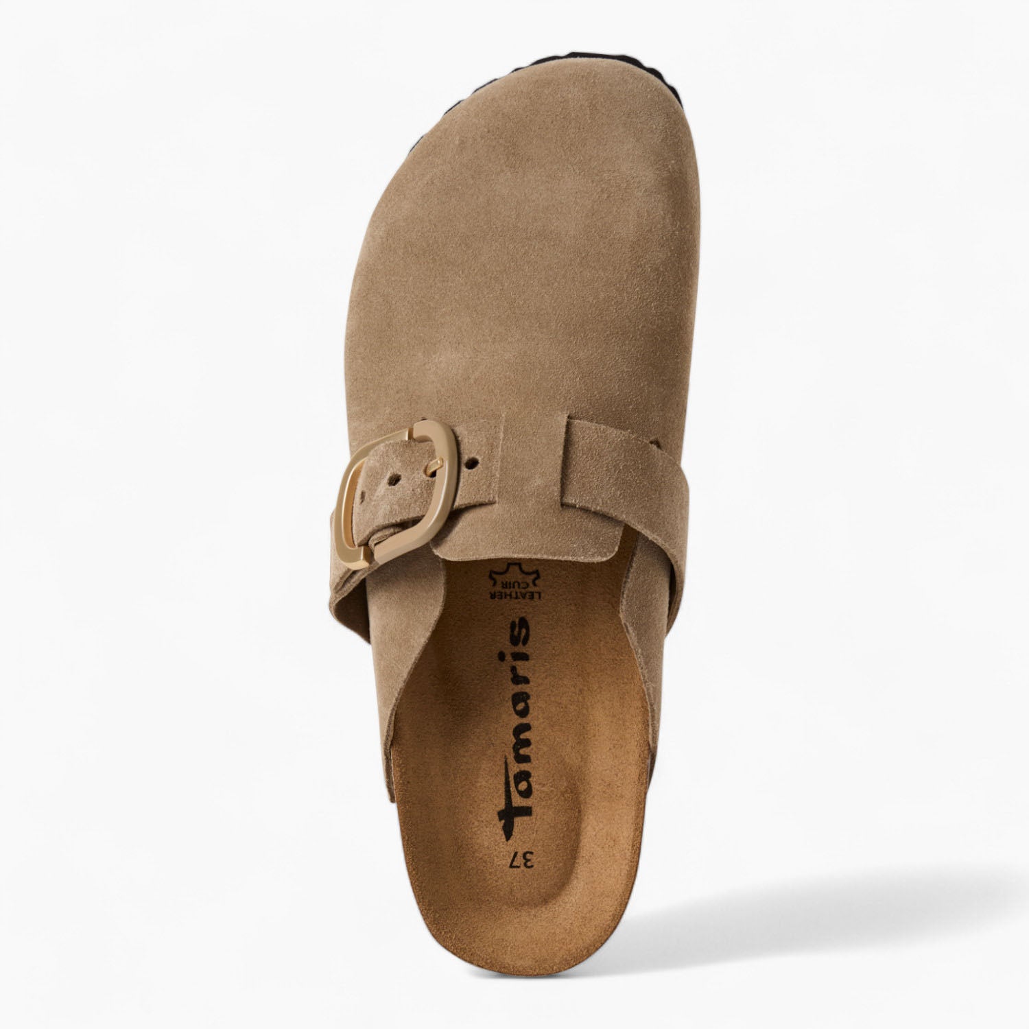 Tamaris Suede Buckle Clogs in Soft Beige with Cork Sole