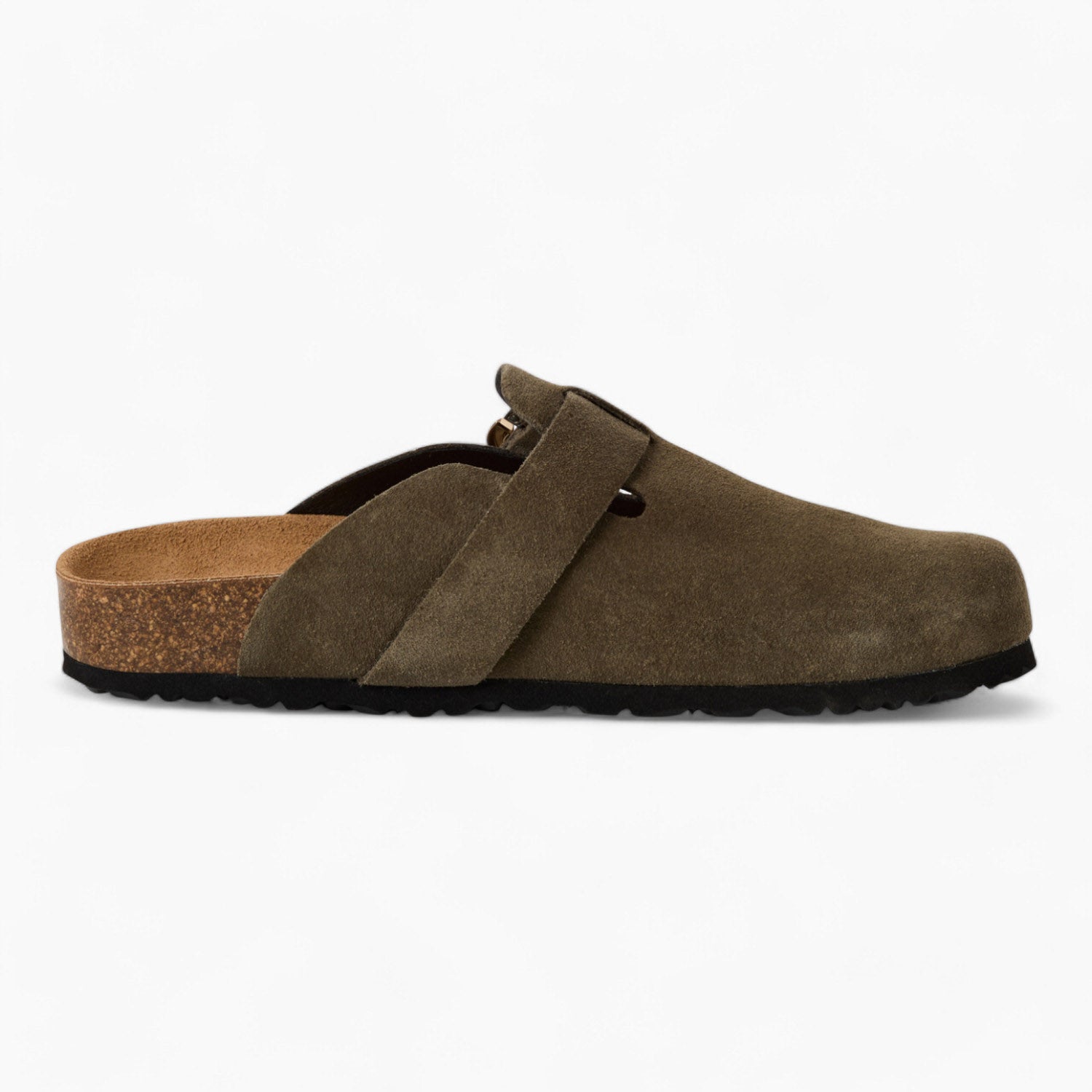 Tamaris Olive Suede Clogs with Buckle & Cork Footbed
