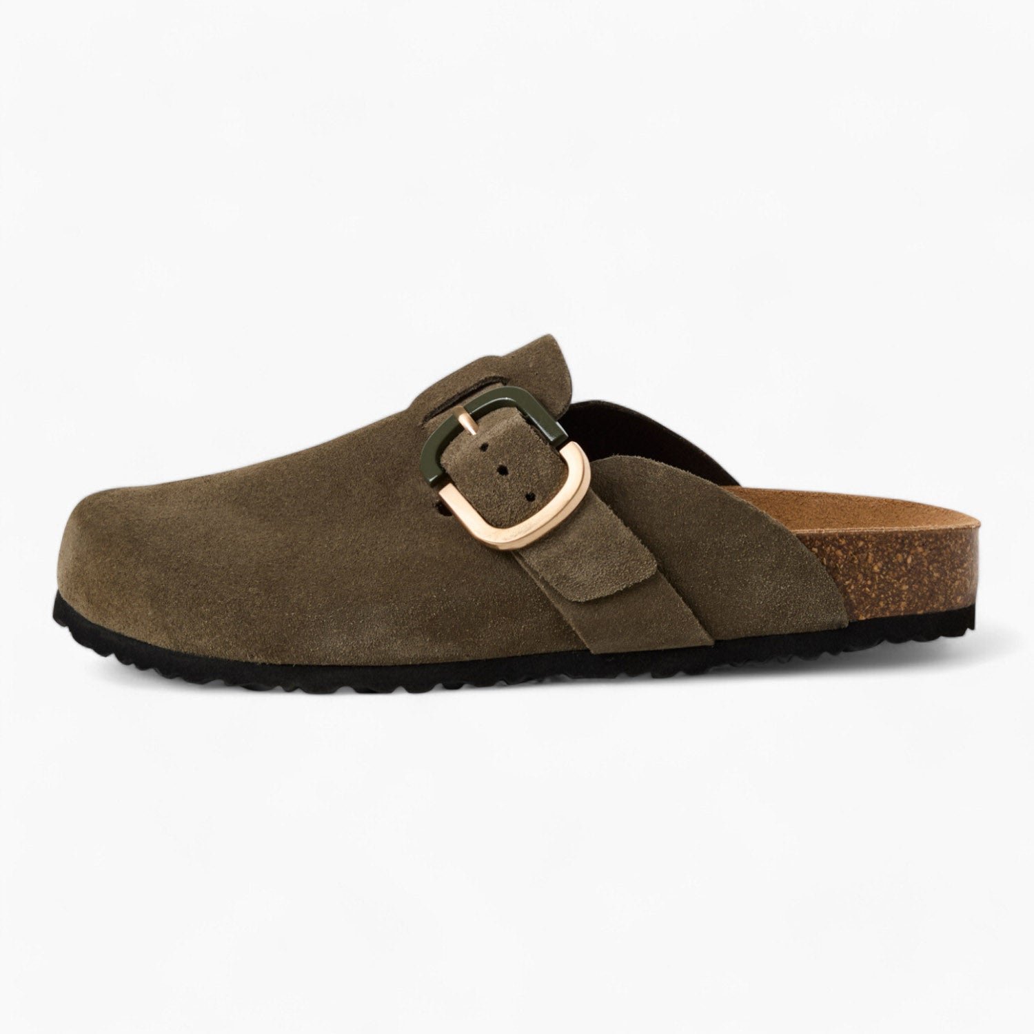 Tamaris Olive Suede Clogs with Buckle & Cork Footbed