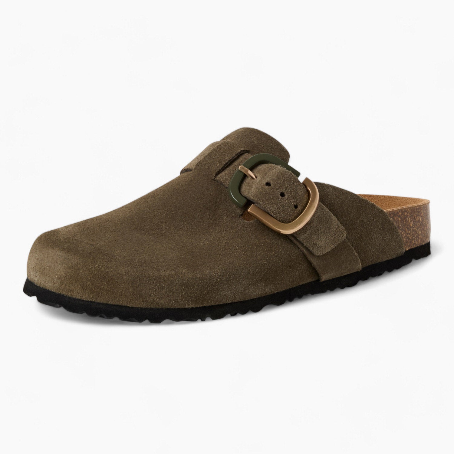 Tamaris Olive Suede Clogs with Buckle & Cork Footbed