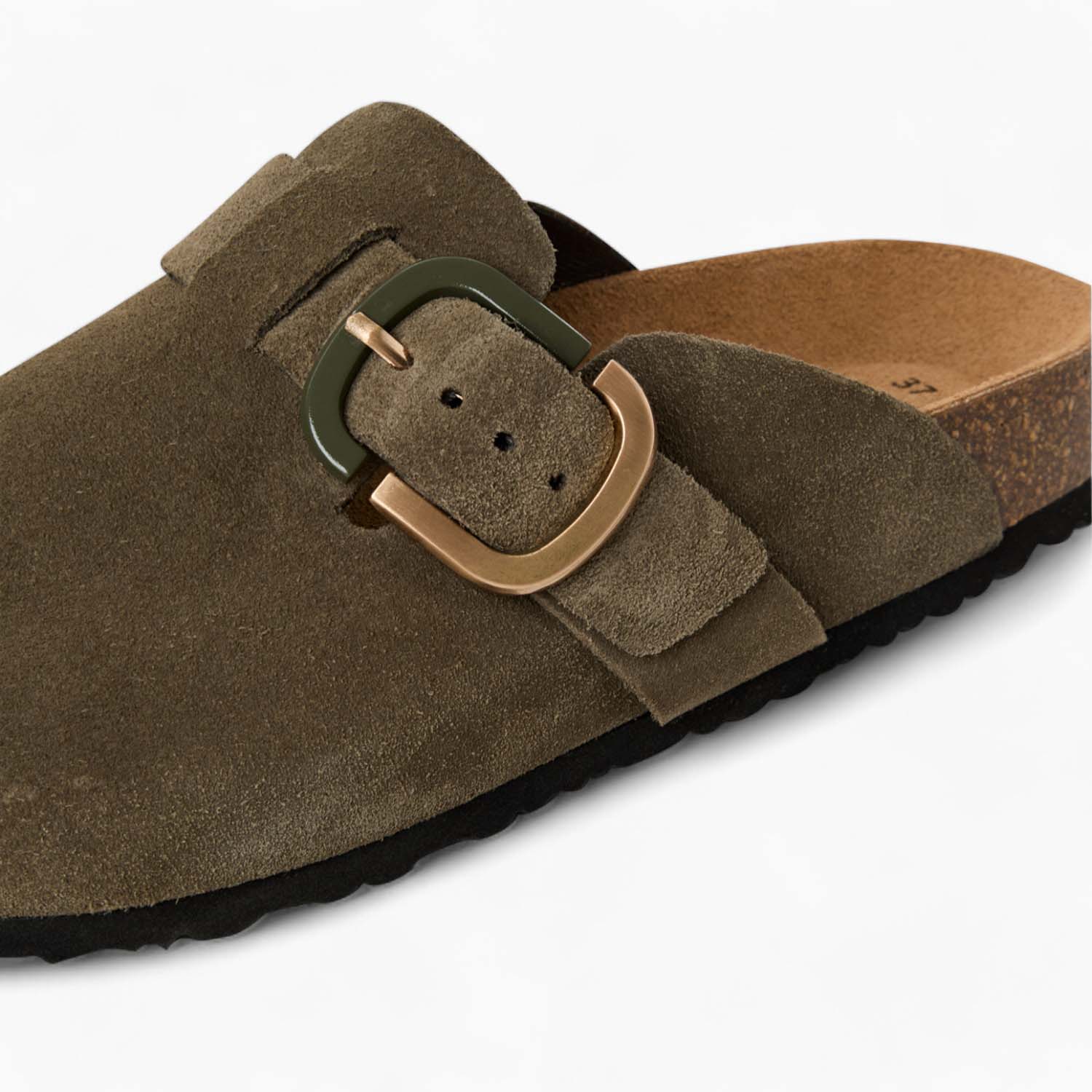 Tamaris Olive Suede Clogs with Buckle & Cork Footbed