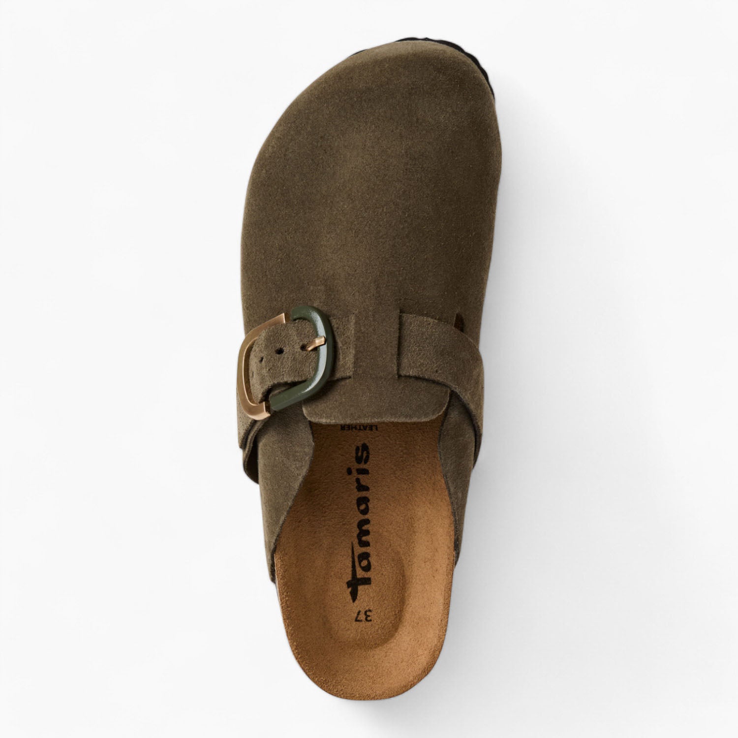 Tamaris Olive Suede Clogs with Buckle & Cork Footbed