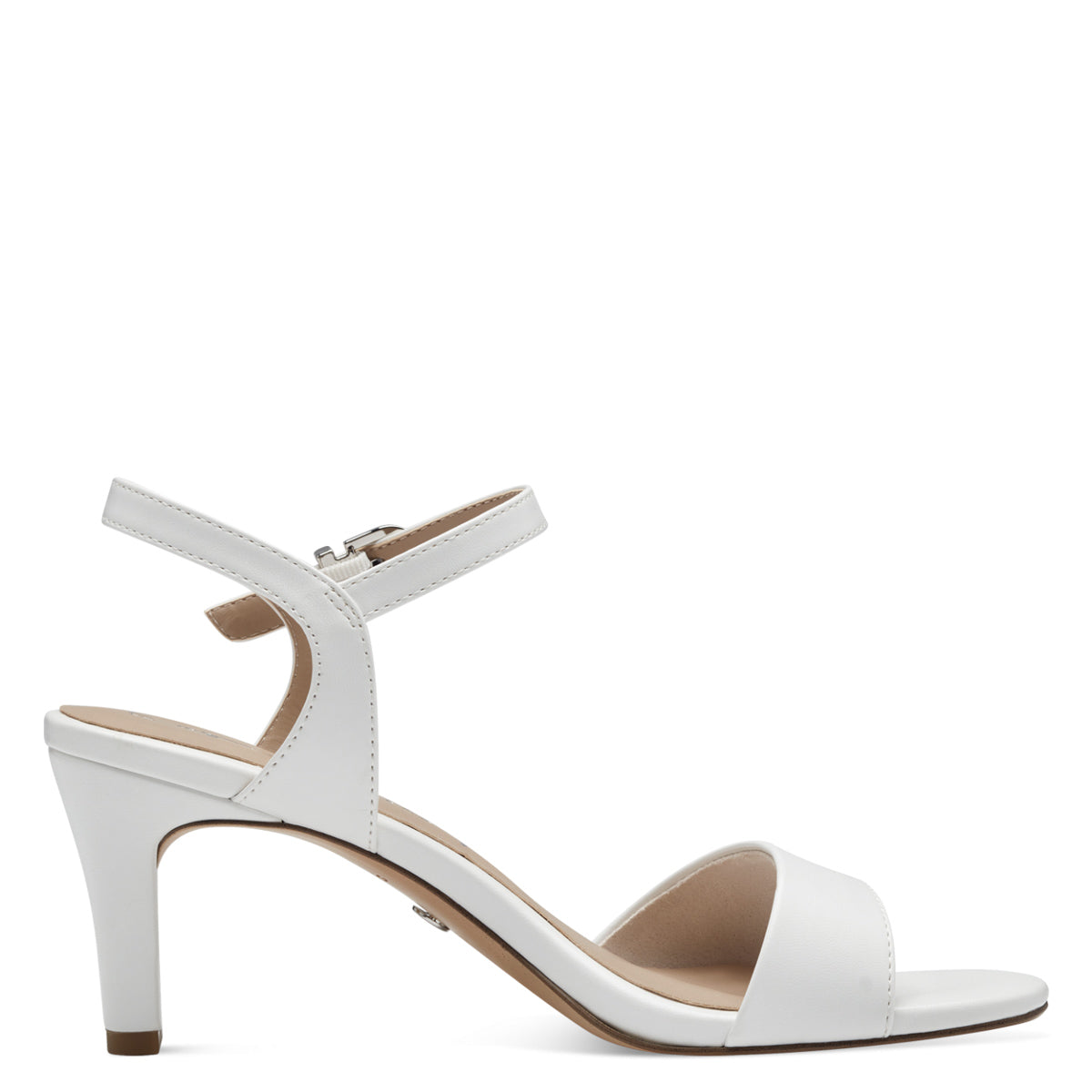  Close-up of the rounded toe and material detail of the Tamaris elegant white sandal.