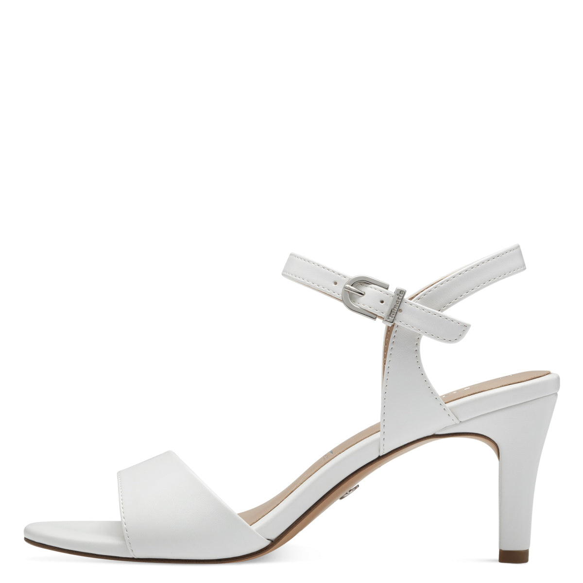 Front view of Tamaris white occasionwear sandal, highlighting the elegant lower heel and thicker front strap.