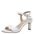 Front view of Tamaris white occasionwear sandal, highlighting the elegant lower heel and thicker front strap.