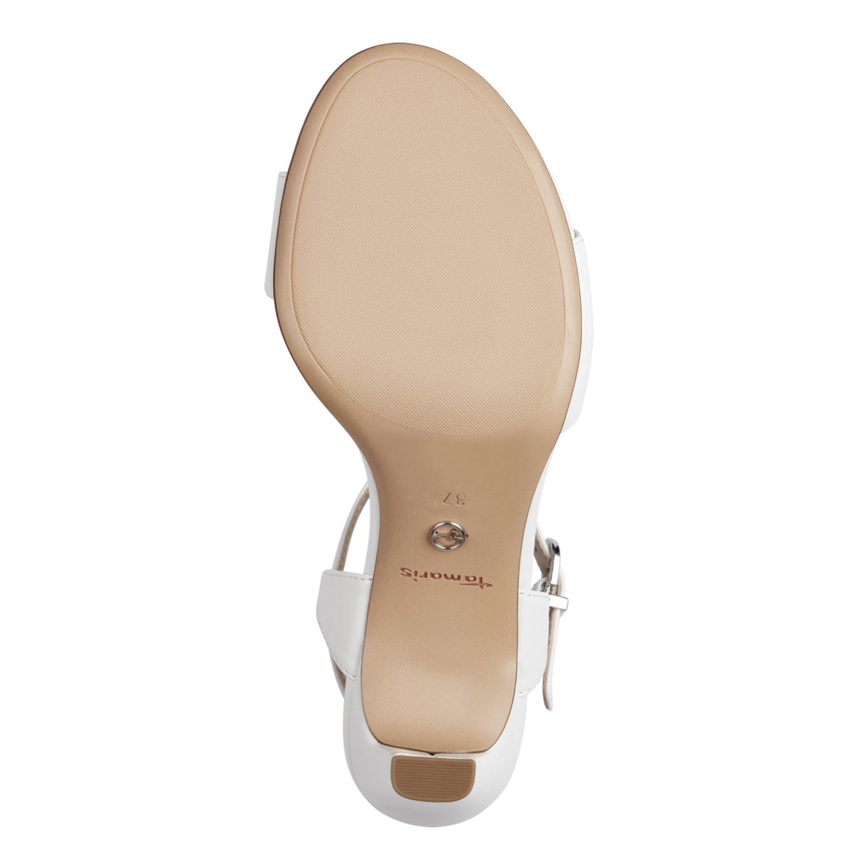  Angle view focusing on the TOUCH-IT technology footbed for maximum comfort in the Tamaris white sandal.