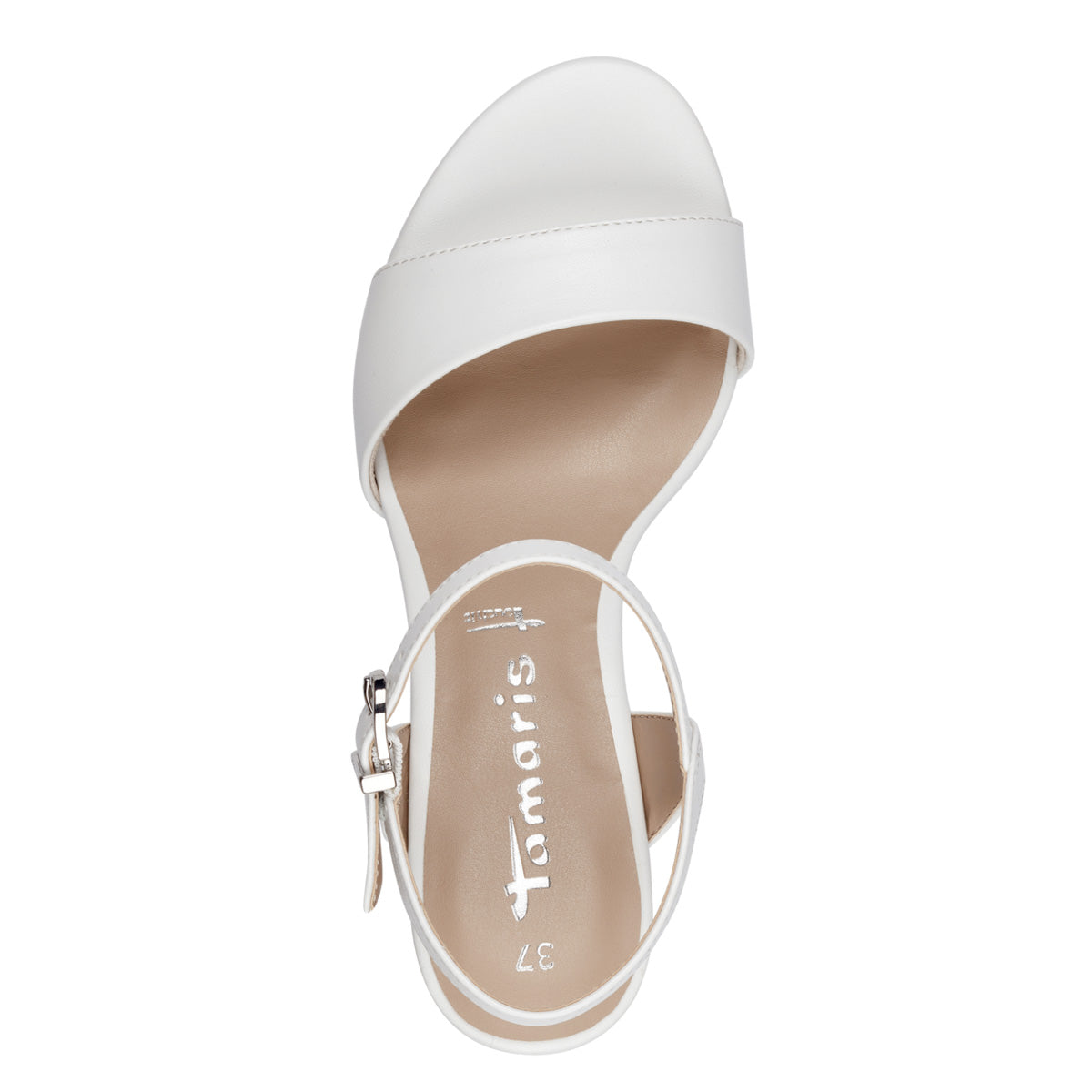  Top view showcasing the sleek design and adjustable straps of the Tamaris white occasionwear sandal.