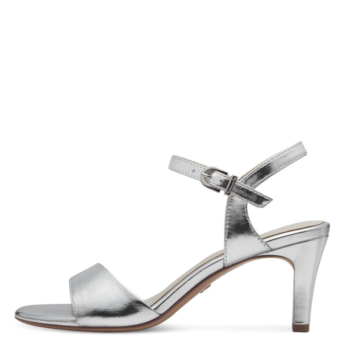 Tamaris Stylish Silver Vegan Heels with Buckle Strap - Leavys Shoes