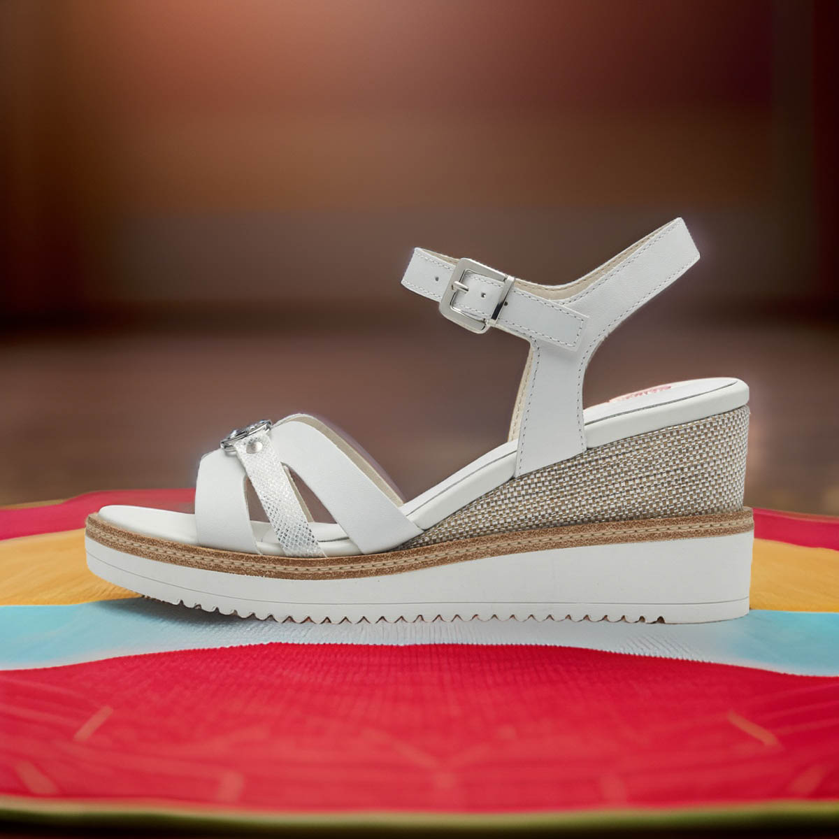 Tamaris White Leather Wedge Sandals with Silver Buckle