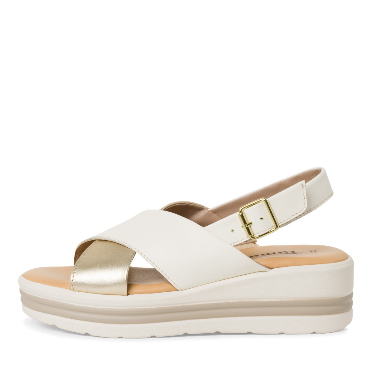 Tamaris Cream and Gold Leather Wedge Sandals with Criss-Cross Design