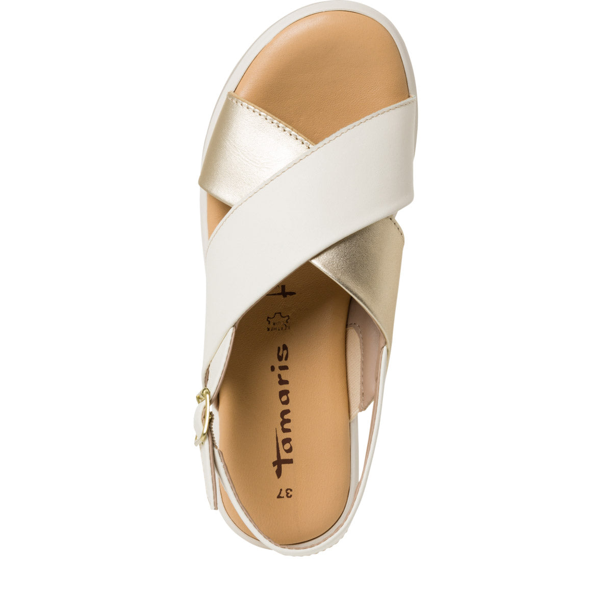 Tamaris Cream and Gold Leather Wedge Sandals with Criss-Cross Design