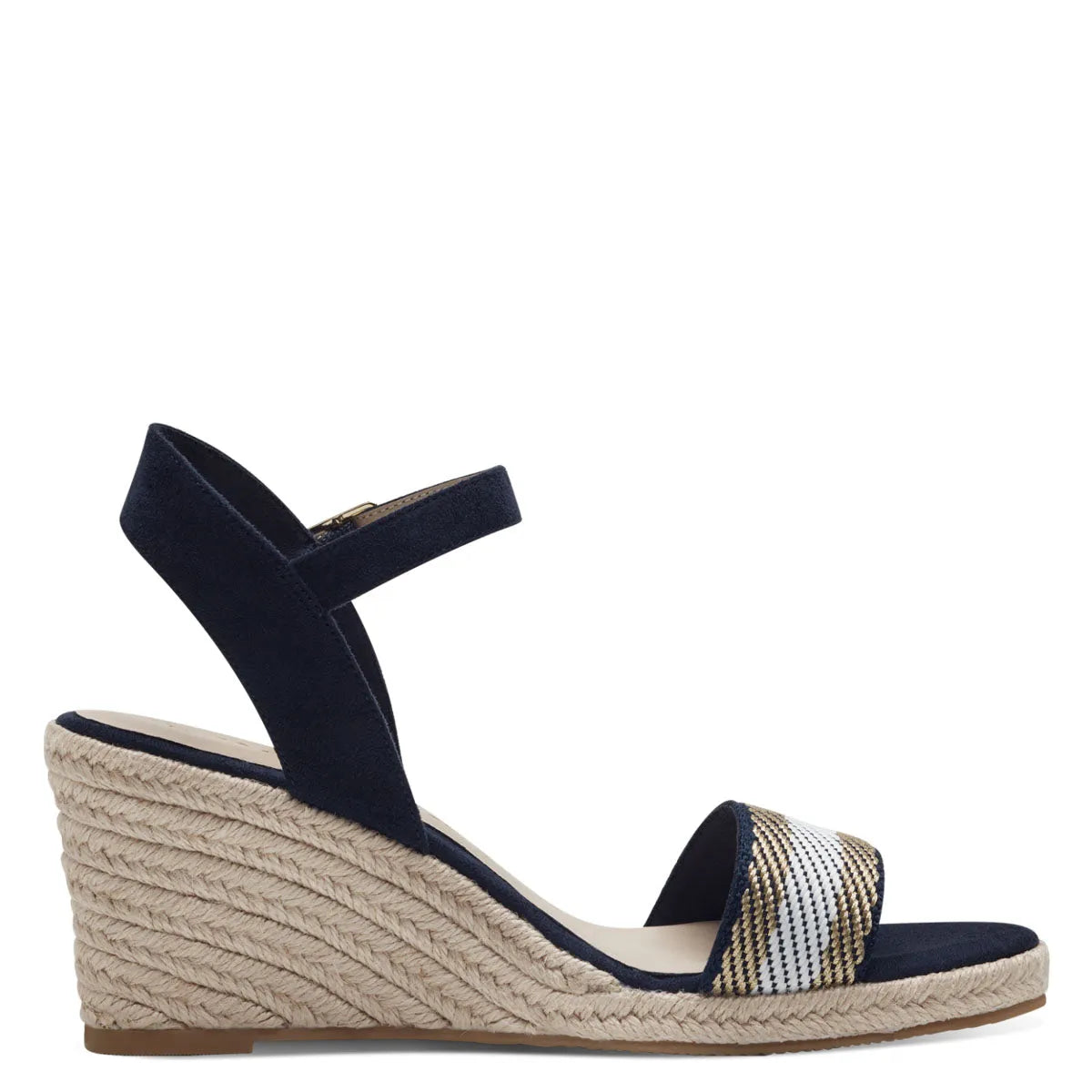 Tamaris Navy Vegan Wedge Sandals - Stripe Detail - Leavys Shoes