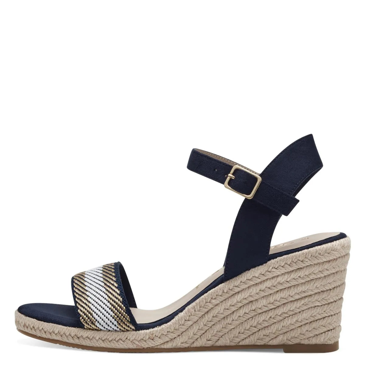 Tamaris Navy Vegan Wedge Sandals - Stripe Detail - Leavys Shoes