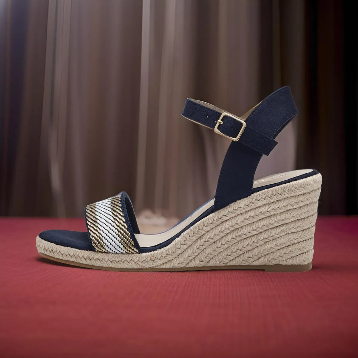 Tamaris Navy Vegan Wedge Sandals - Stripe Detail - Leavys Shoes