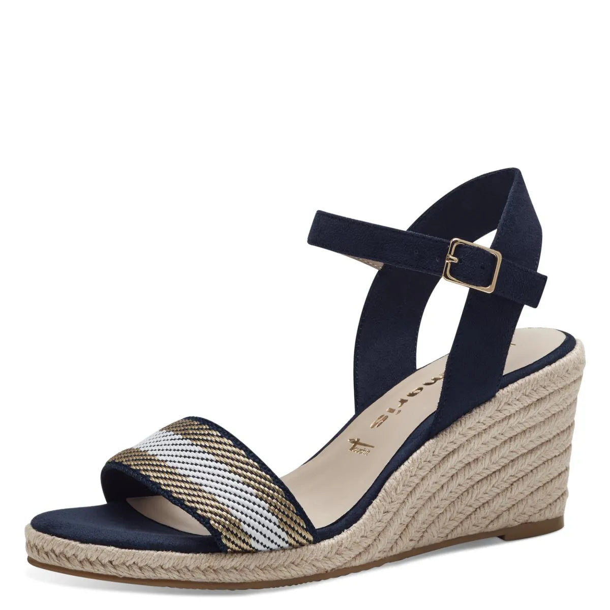 Tamaris Navy Vegan Wedge Sandals - Stripe Detail - Leavys Shoes