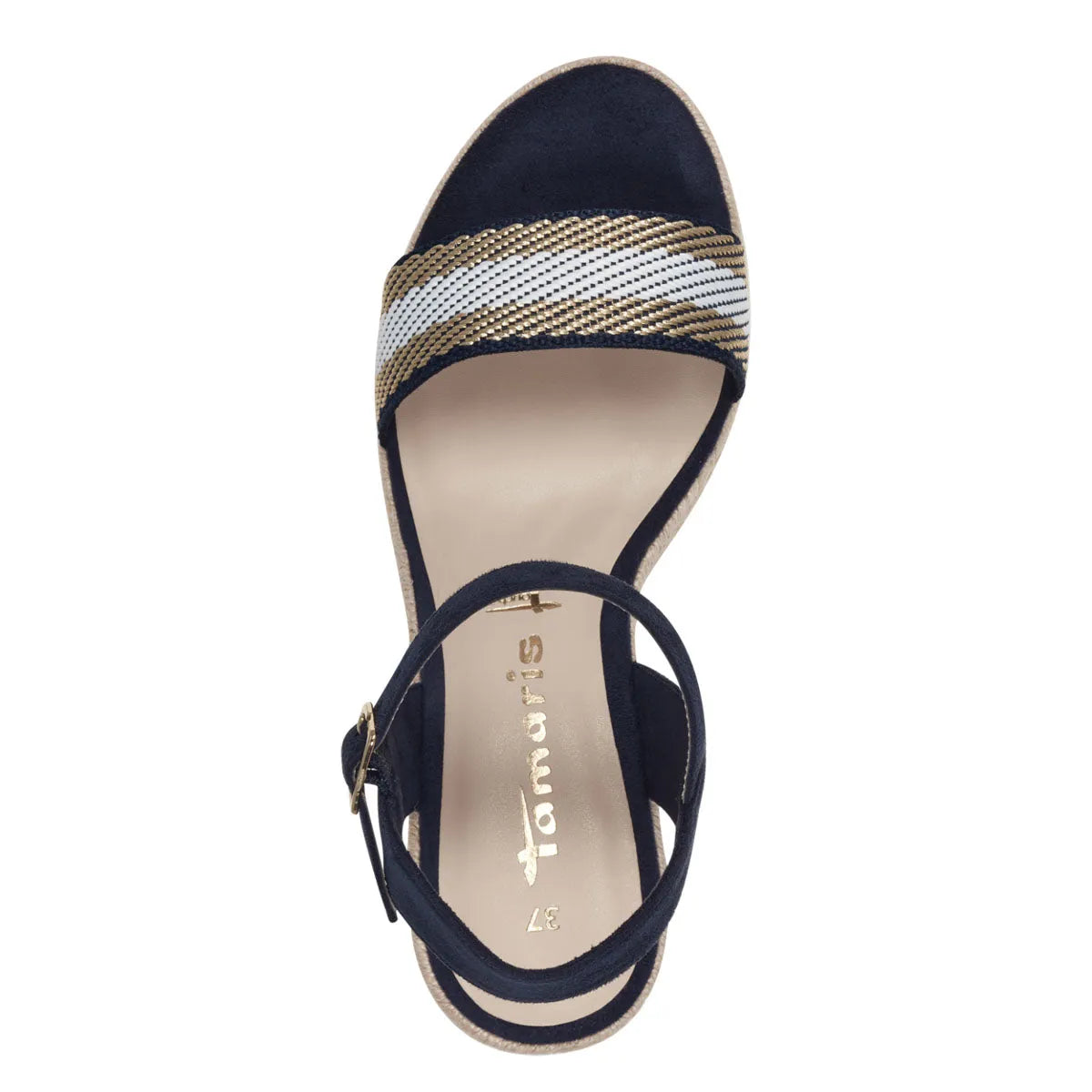 Tamaris Navy Vegan Wedge Sandals - Stripe Detail - Leavys Shoes