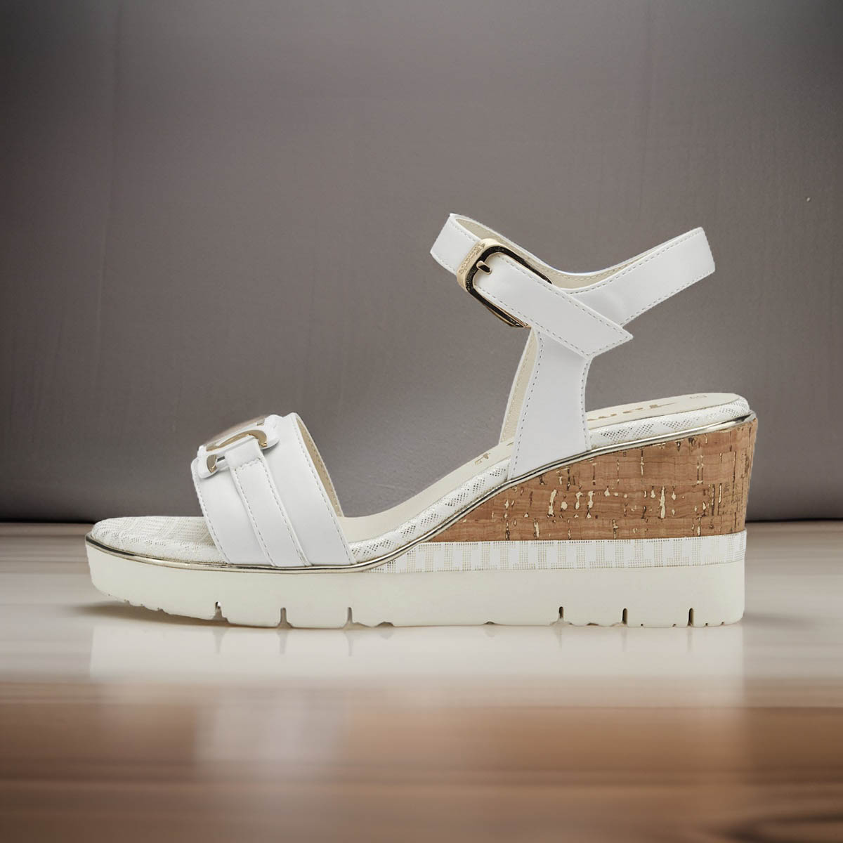 Tamaris White Wedge Sandals with Gold Chain Detail
