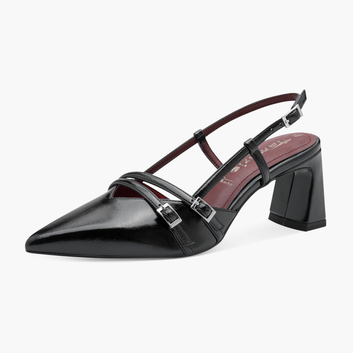 Tamaris Leather Slingback Heel with Twin Buckles – Black - Leavys Shoes