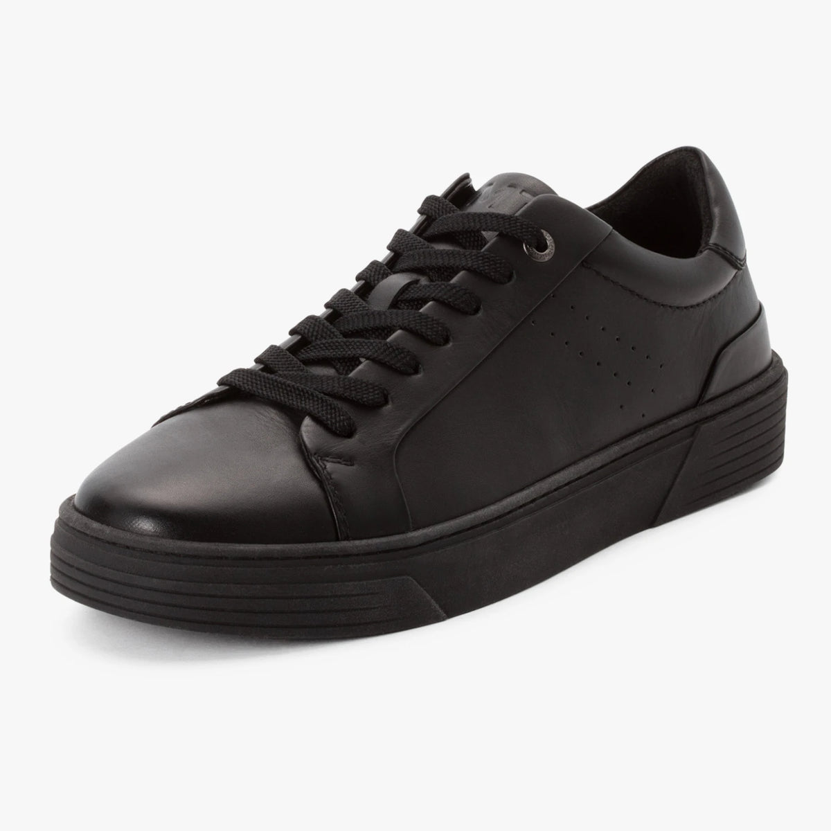 Marco Tozzi men's black leather lace-up trainer with a matching black sole, shown at a three-quarter angle.