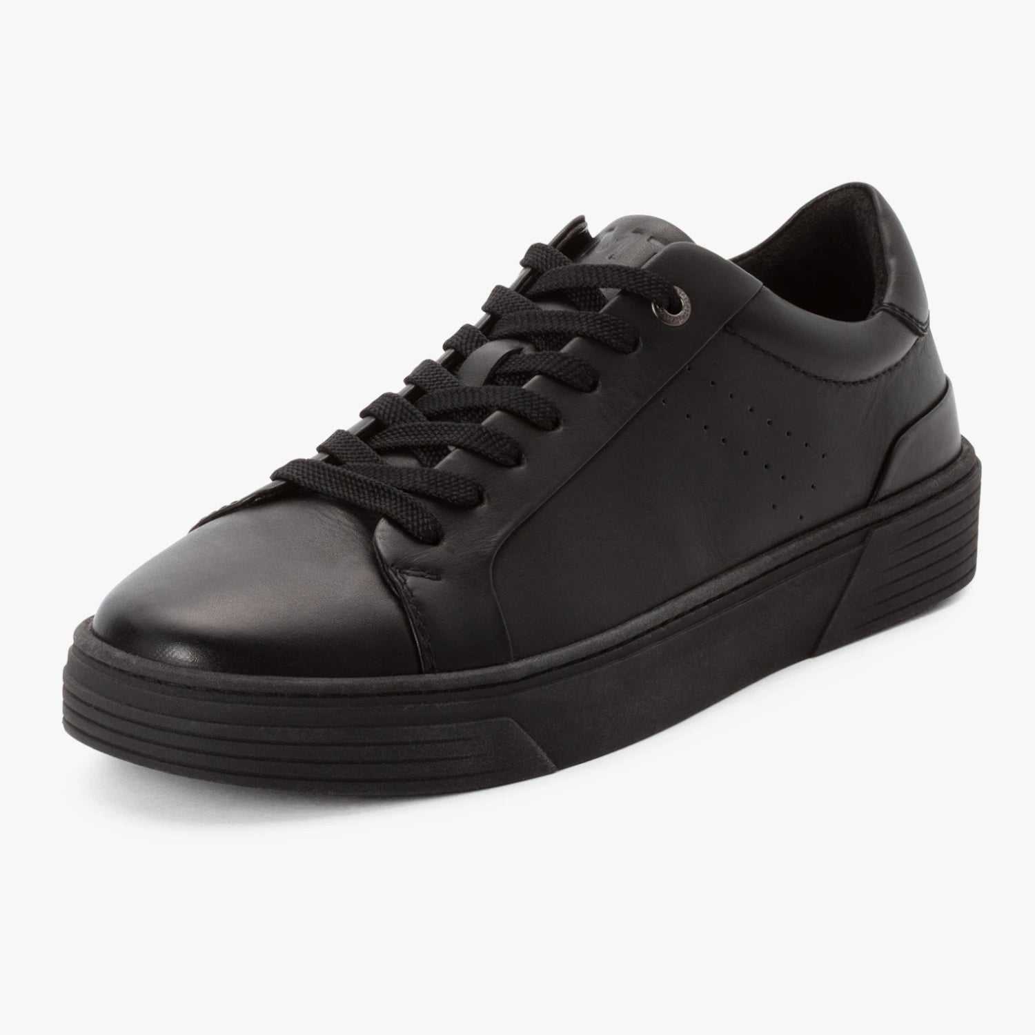 Marco Tozzi men's black leather lace-up trainer with a matching black sole, shown at a three-quarter angle.