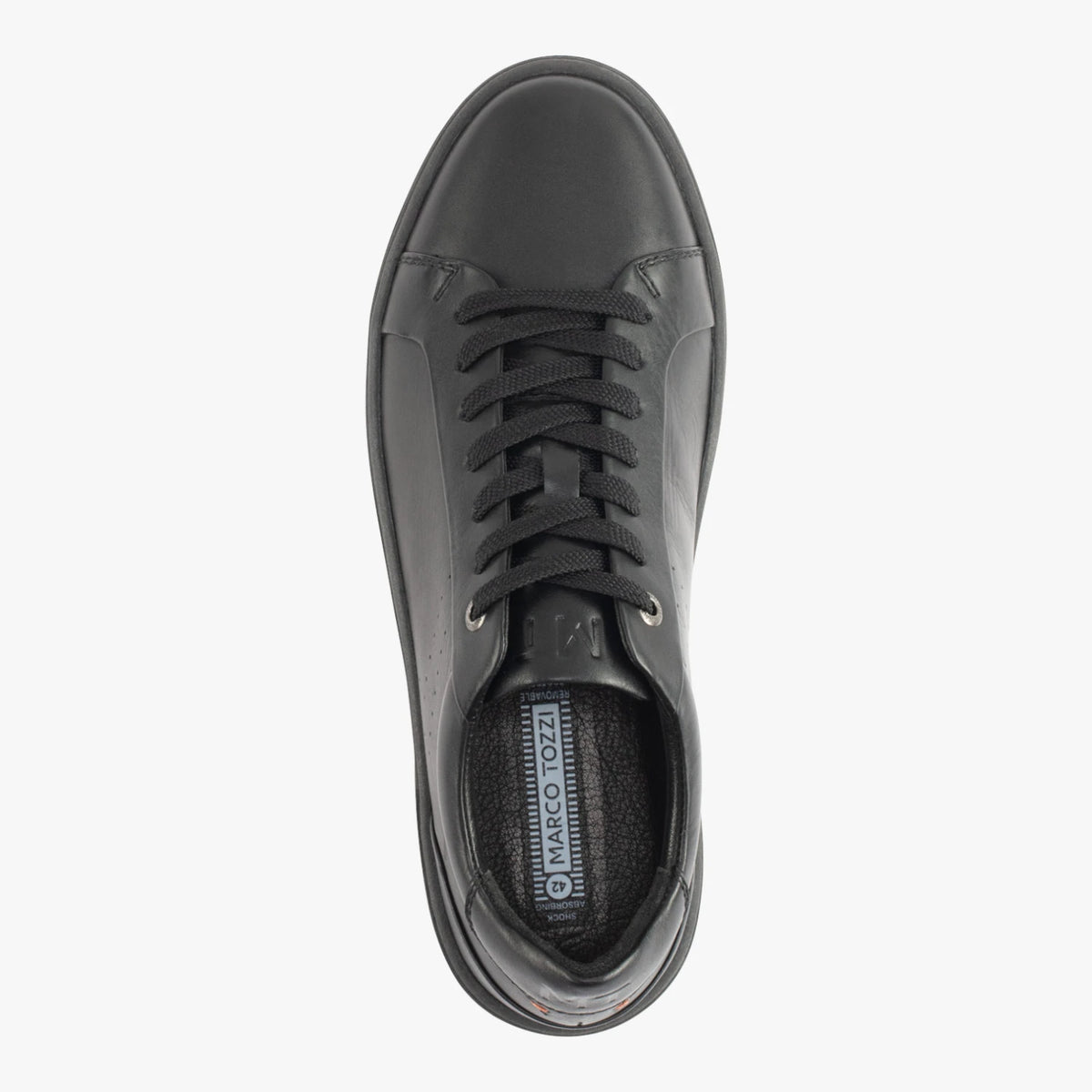 Top view of the Marco Tozzi men's black leather trainer and leather insole.