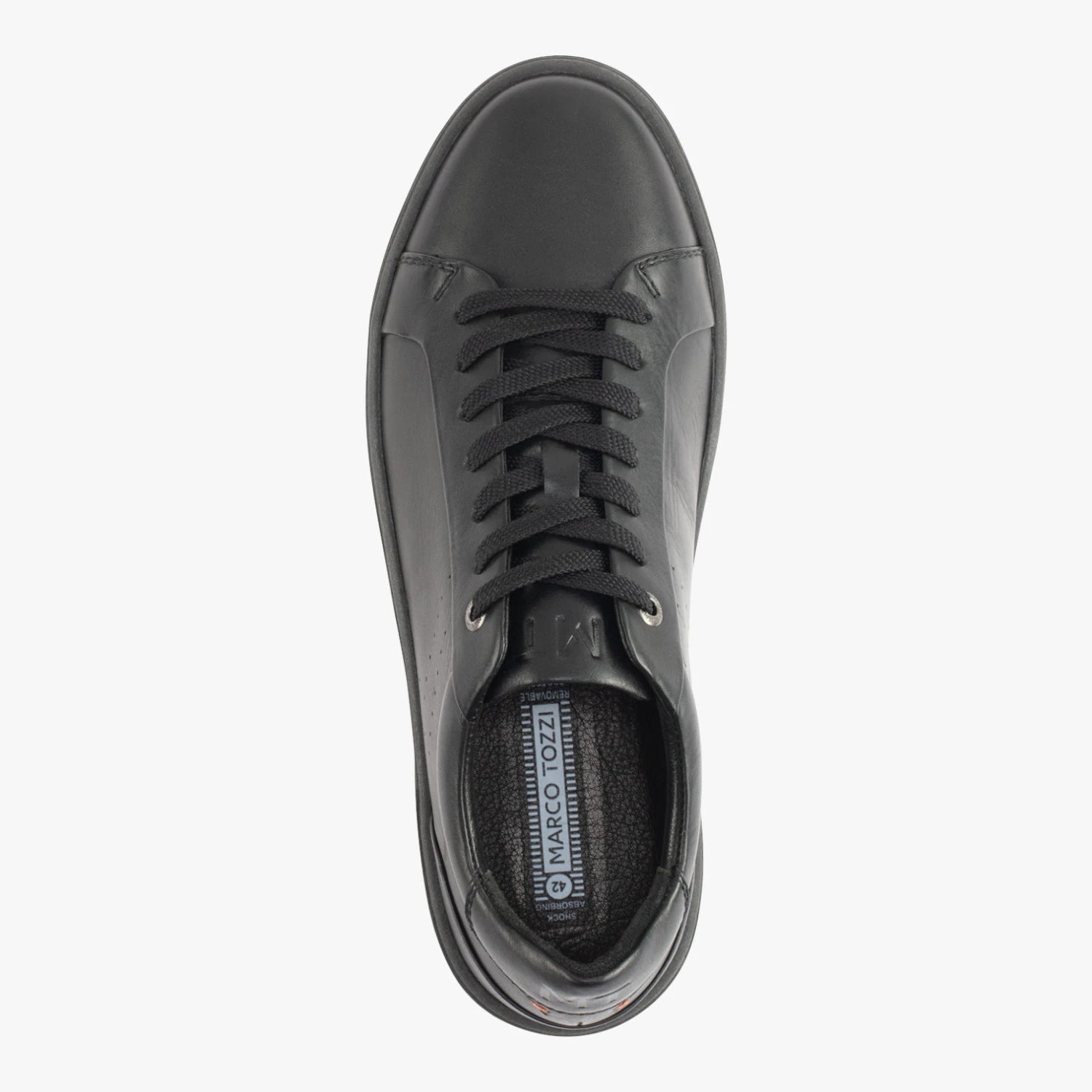 Top view of the Marco Tozzi men's black leather trainer and leather insole.