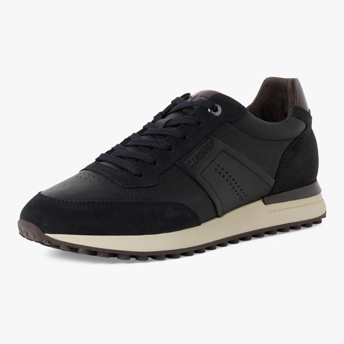 Marco Tozzi men's navy leather MT Sport trainer with a cream sole, shown at a three-quarter angle.