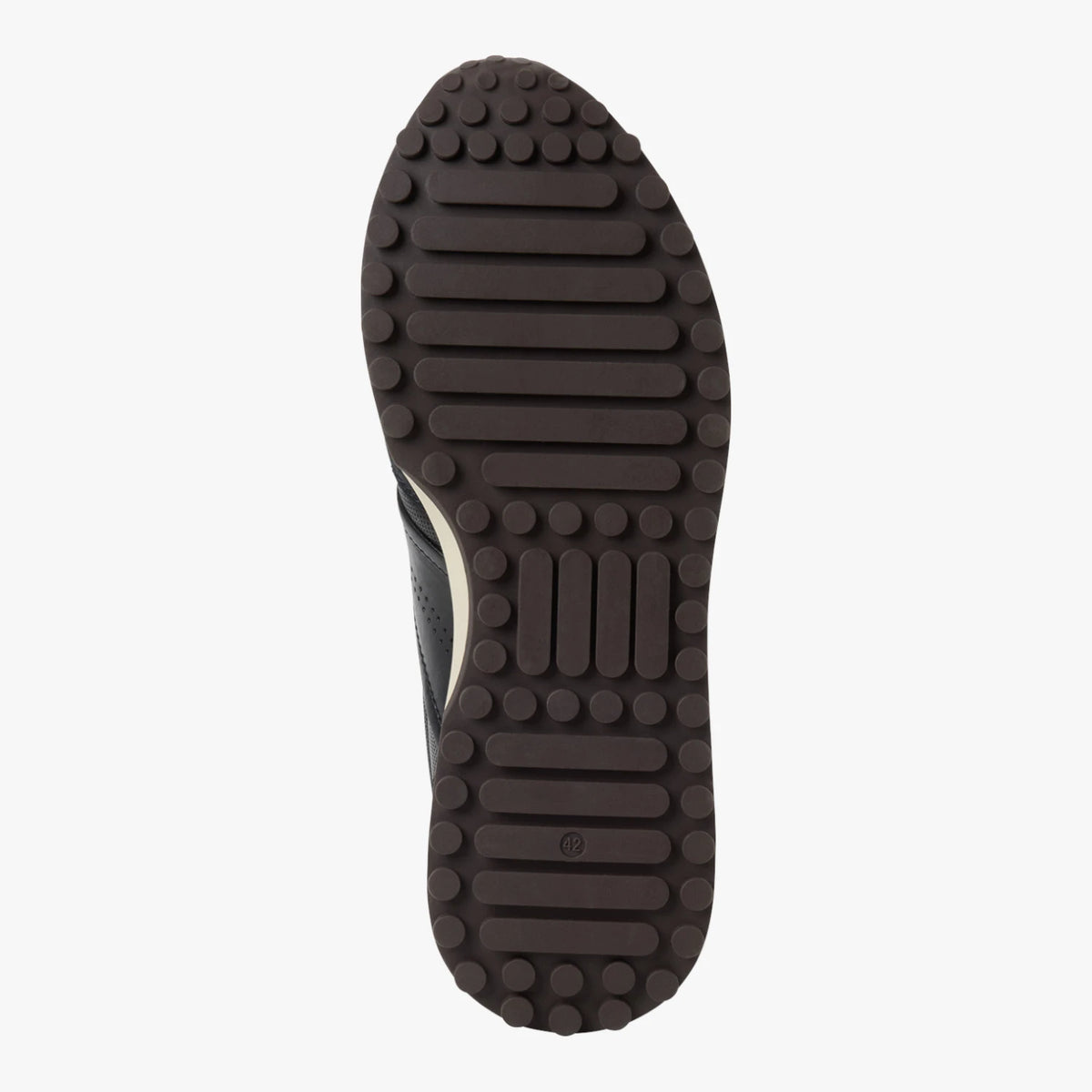 Brown treaded outsole of the Marco Tozzi navy leather MT Sport trainer.