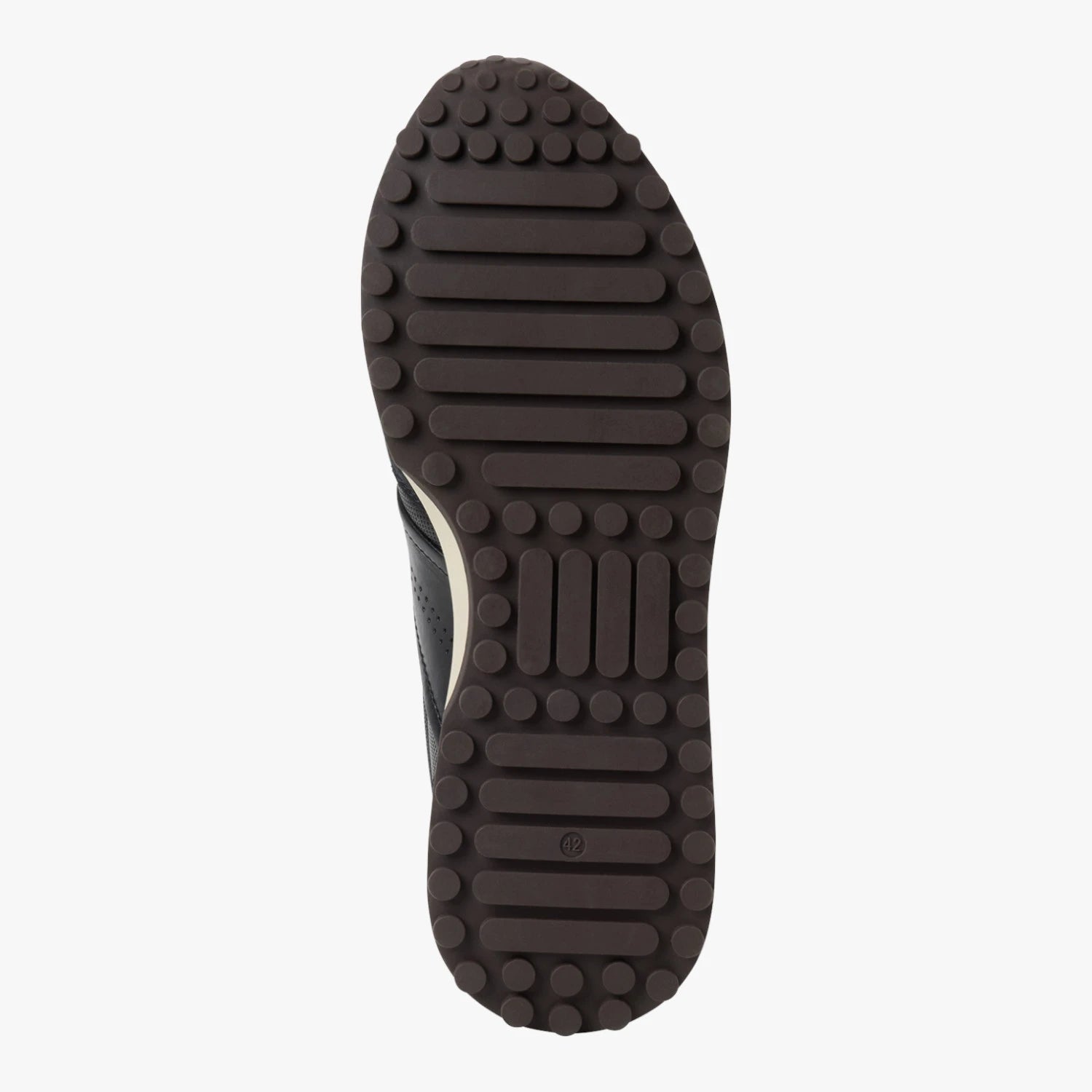 Brown treaded outsole of the Marco Tozzi navy leather MT Sport trainer.