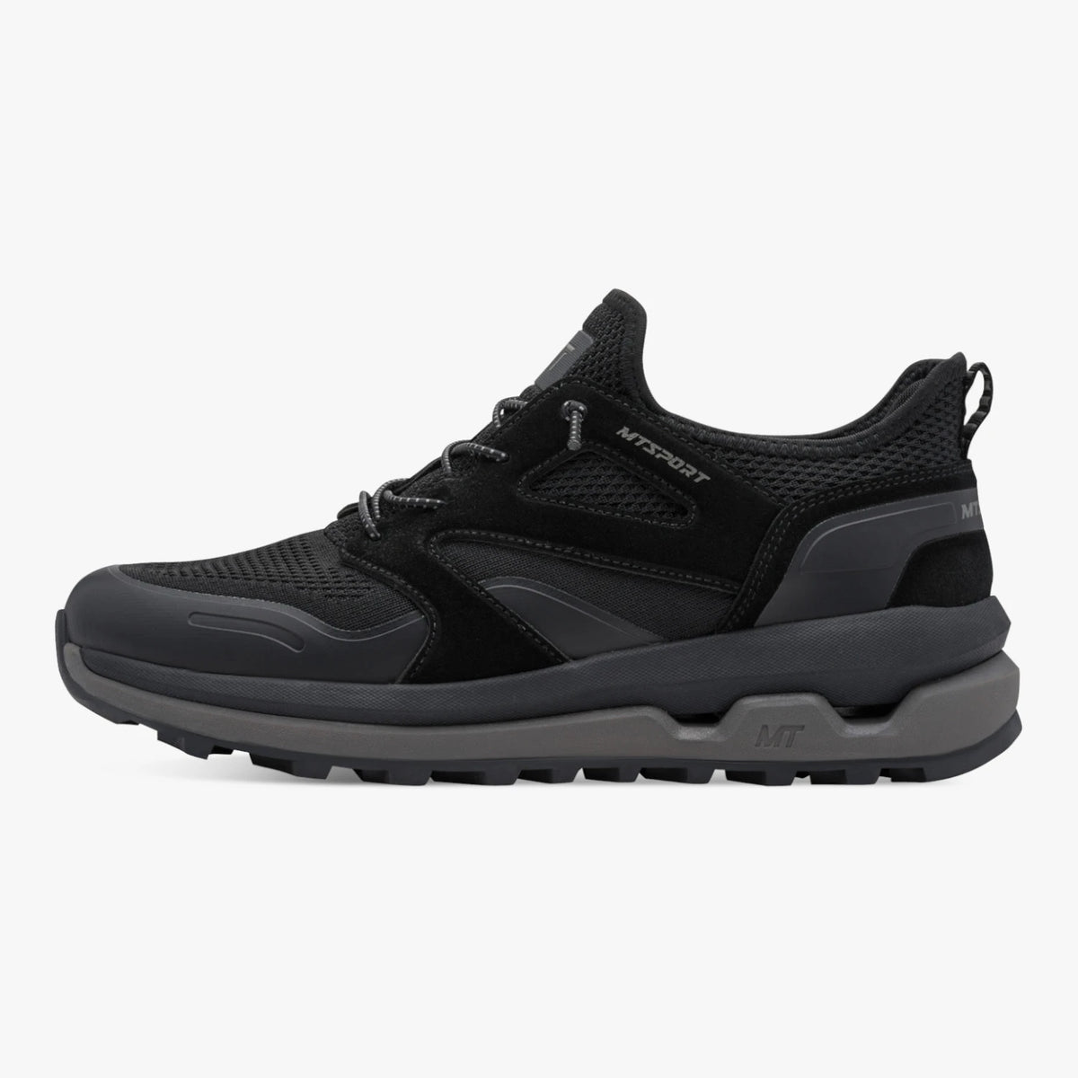 Outer side of the Marco Tozzi black MT Sport trainer, showing the layered panels and chunky sole.