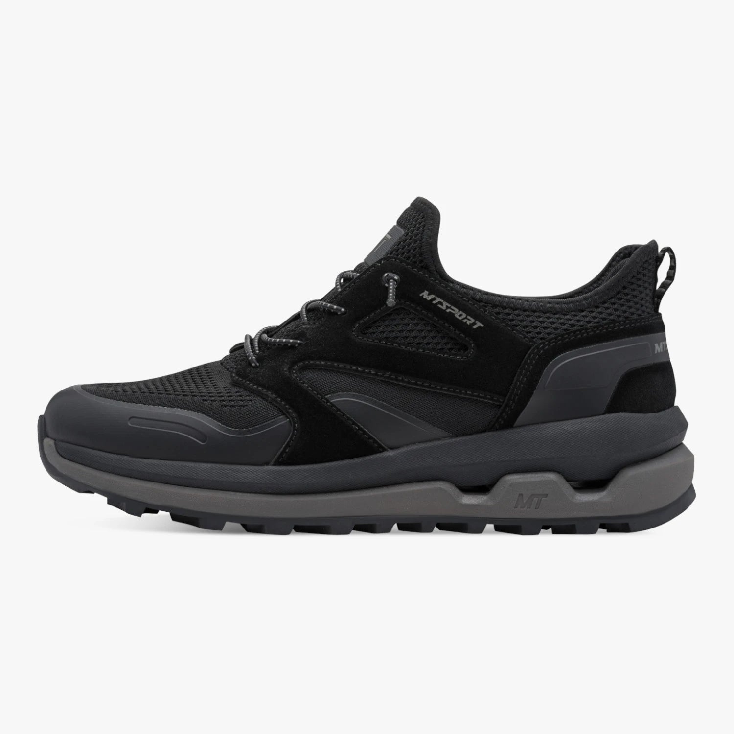 Outer side of the Marco Tozzi black MT Sport trainer, showing the layered panels and chunky sole.
