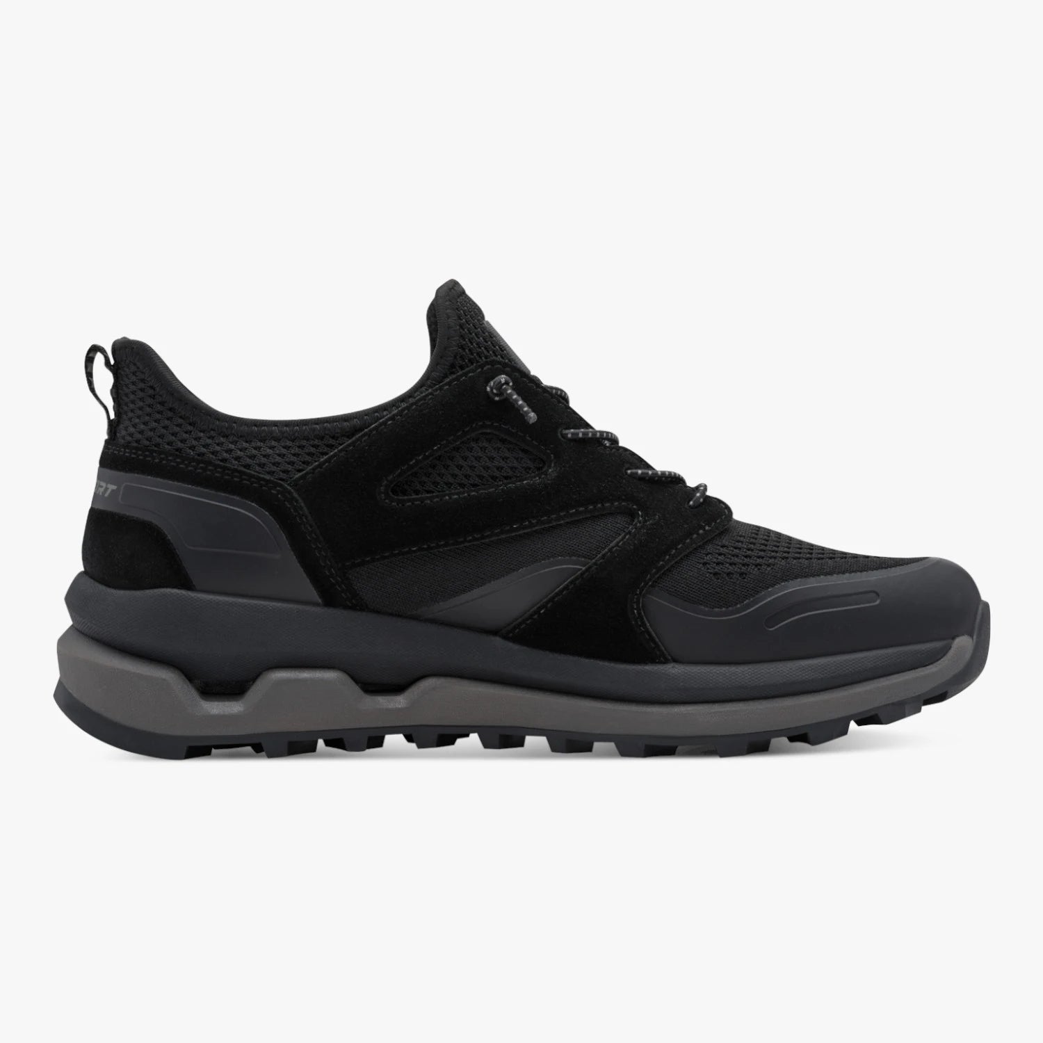 Inner side profile of the Marco Tozzi men's black MT Sport trainer.