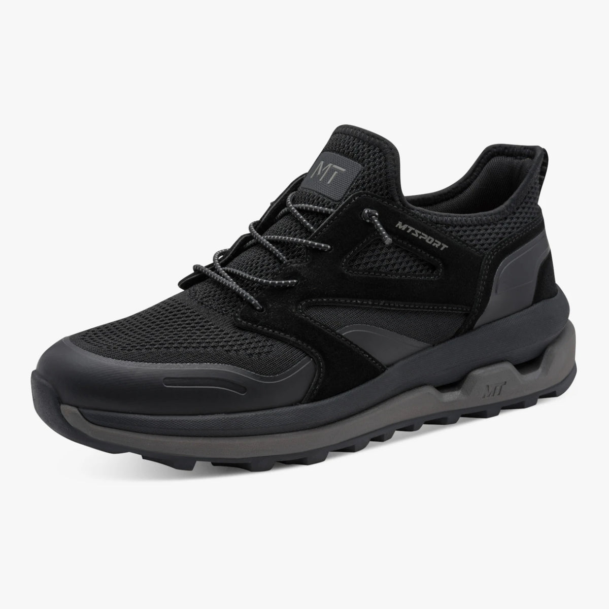 Marco Tozzi men's black MT Sport trainer with a chunky grey-edged sole, shown at a three-quarter angle.