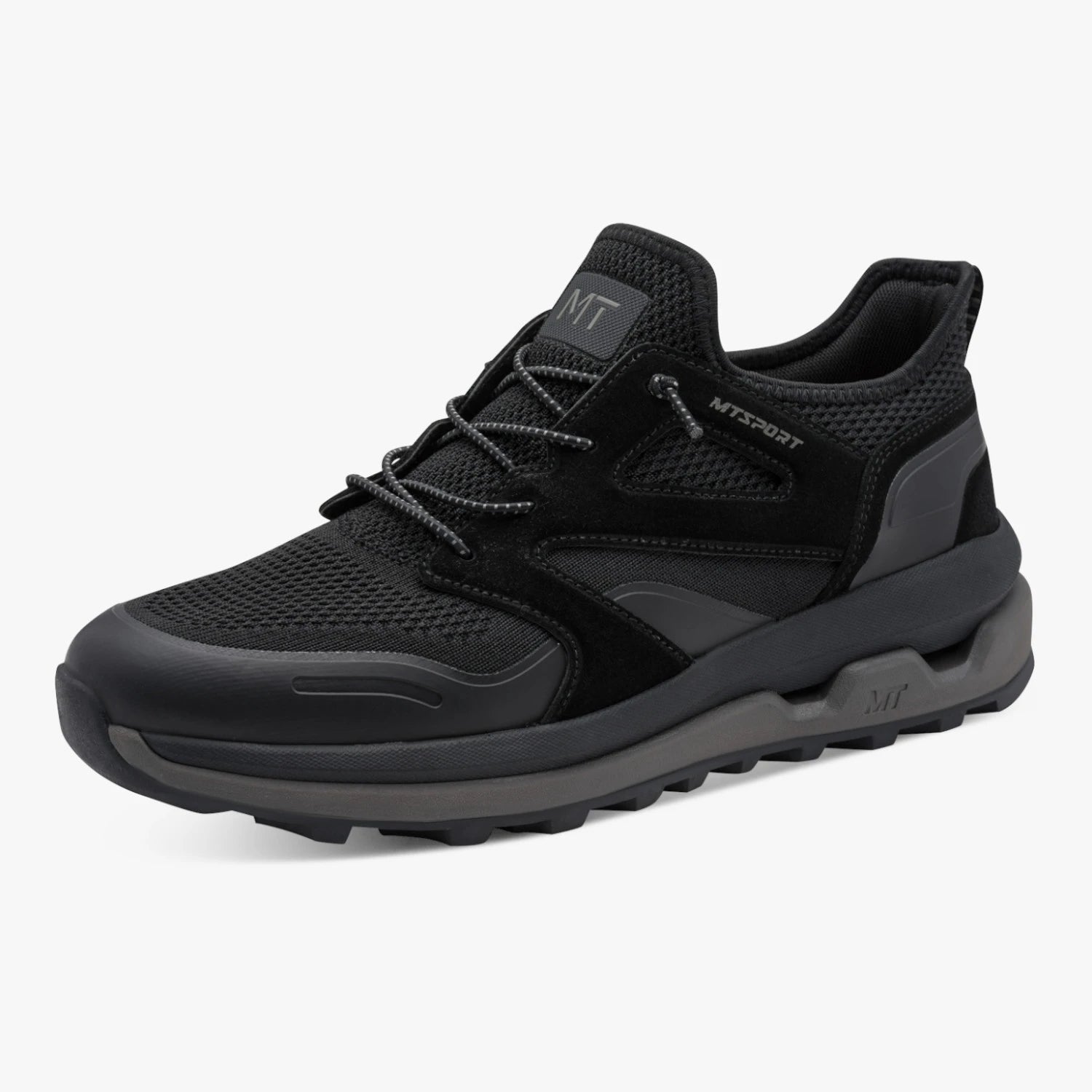 Marco Tozzi men's black MT Sport trainer with a chunky grey-edged sole, shown at a three-quarter angle.