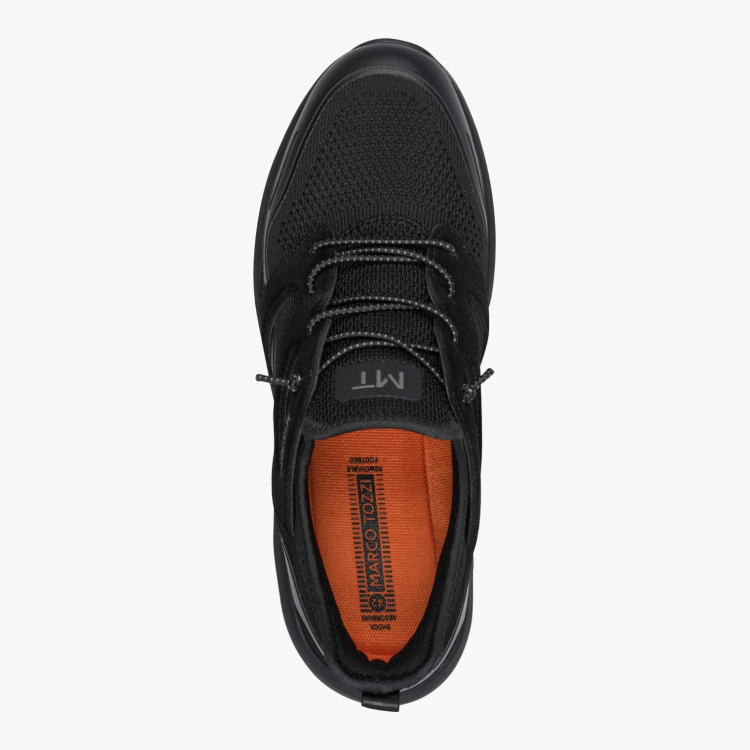Top view of the Marco Tozzi black MT Sport trainer, showing the laces and rounded toe.