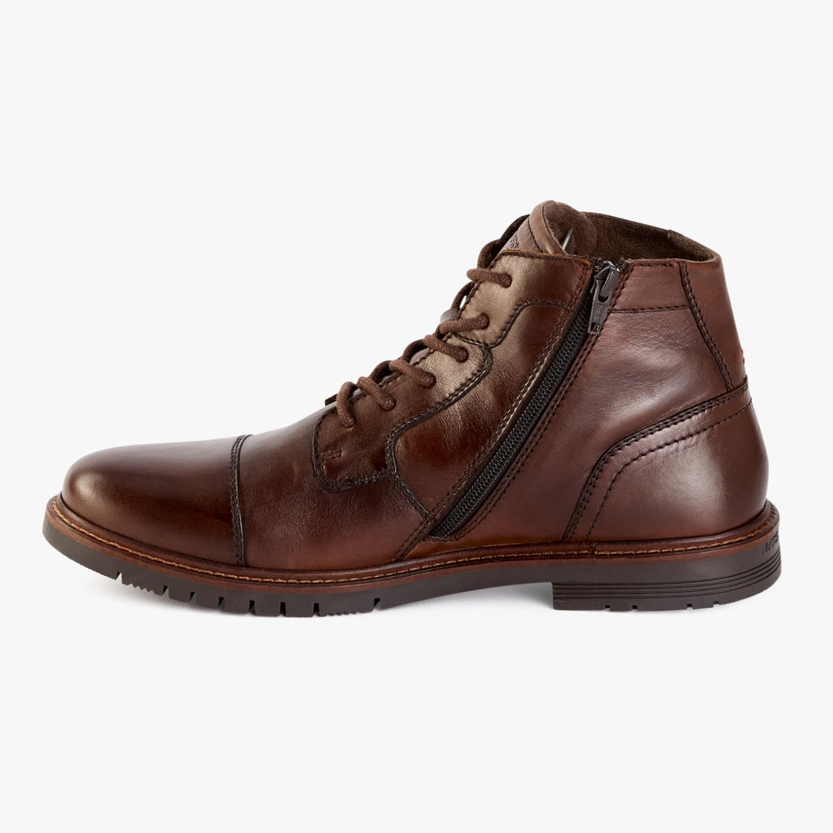 Inner side of the Marco Tozzi brown leather boot, showing the zip fastening.