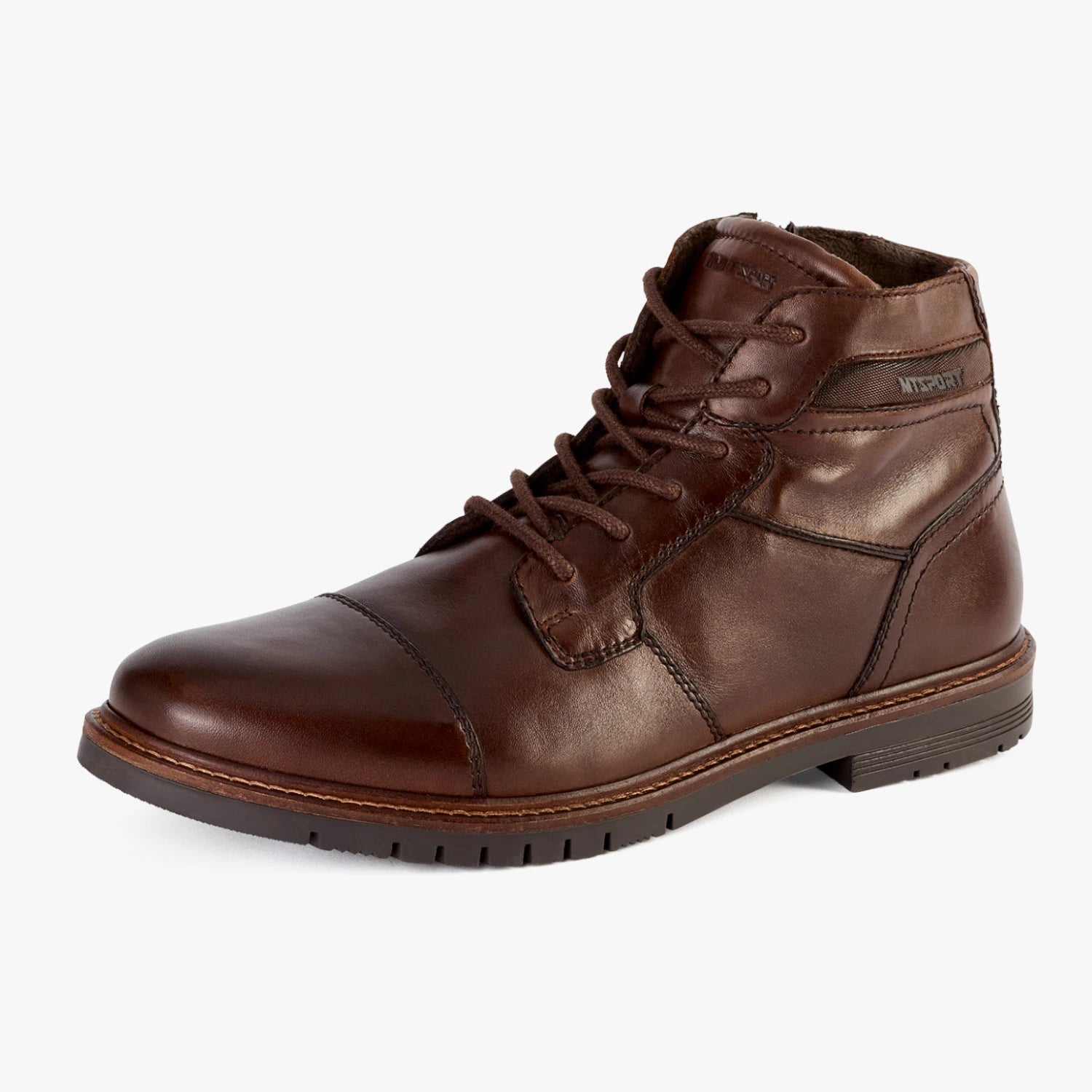 Marco Tozzi men's dark brown leather cap-toe boot shown at a three-quarter angle.