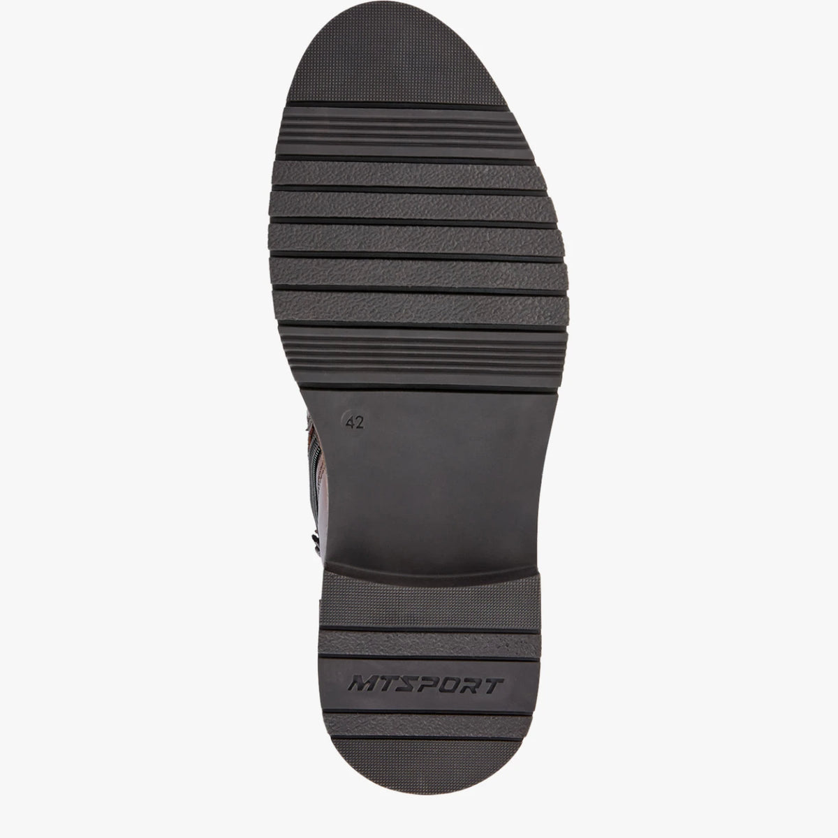 Black outsole and low heel of the Marco Tozzi men's dark brown leather boot.
