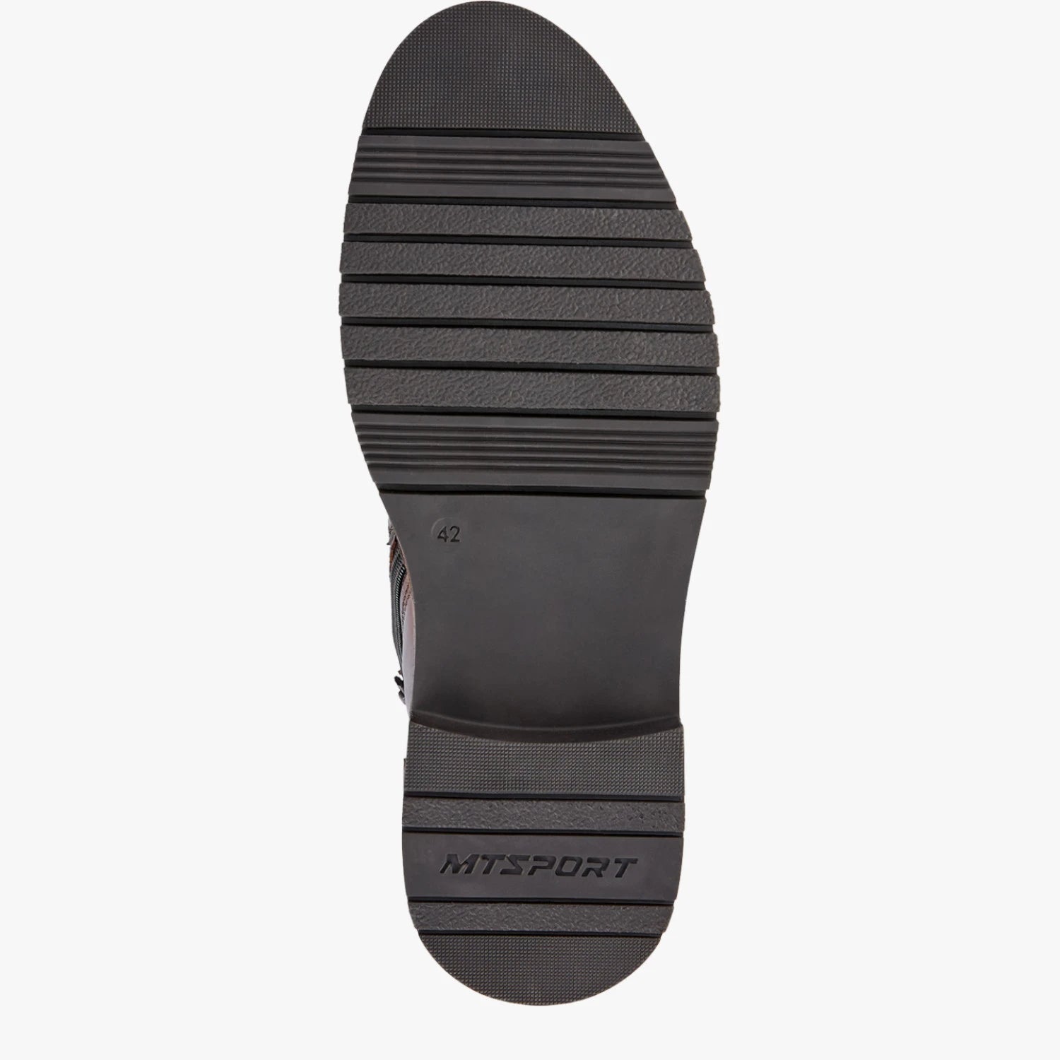 Black outsole and low heel of the Marco Tozzi men's dark brown leather boot.