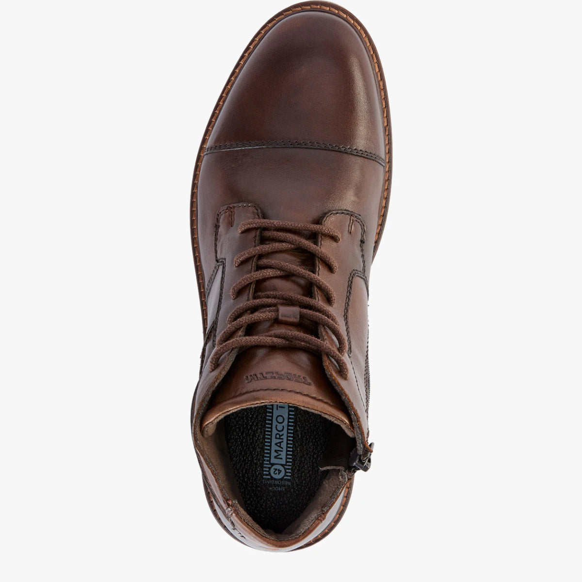 Top view of the Marco Tozzi dark brown boot, showing the laces and stitched toe cap.