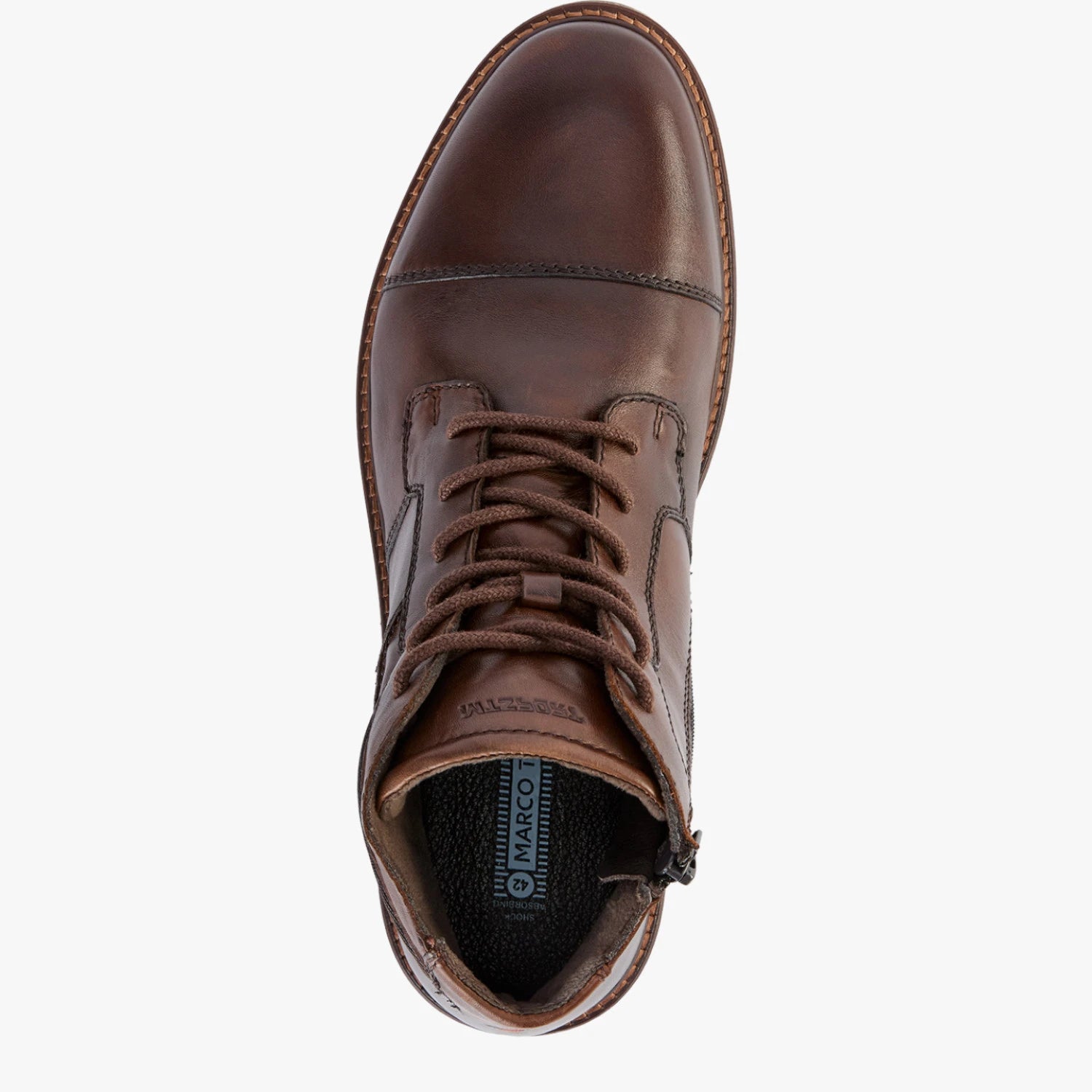 Top view of the Marco Tozzi dark brown boot, showing the laces and stitched toe cap.