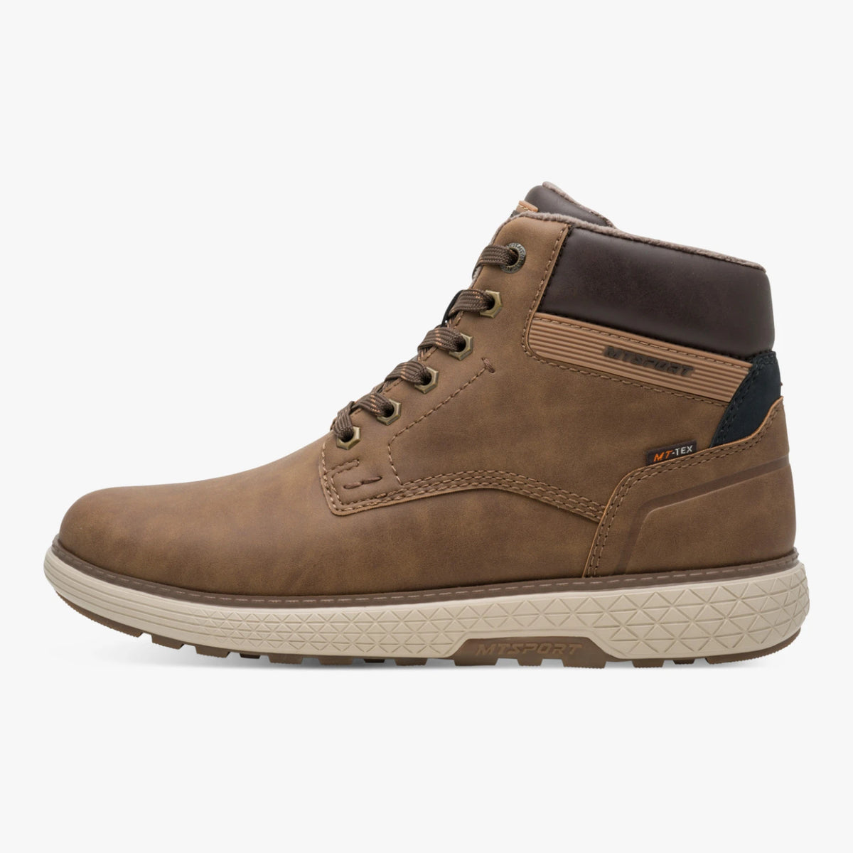 Outer side of the Marco Tozzi cognac wide fit boot, showing the padded brown collar and cream sole.