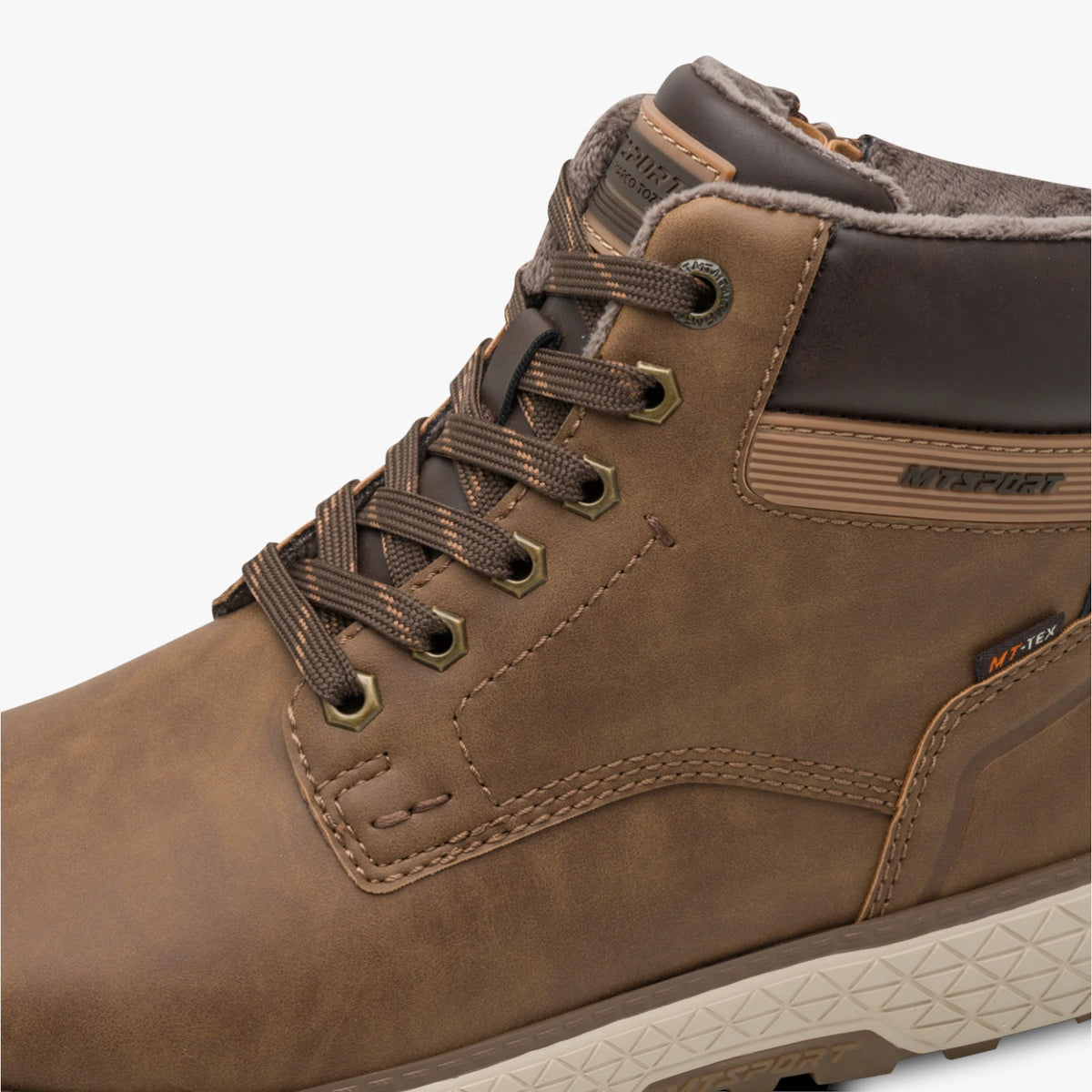 Close-up of the lacing, cognac panels and brown collar on the Marco Tozzi wide fit boot.