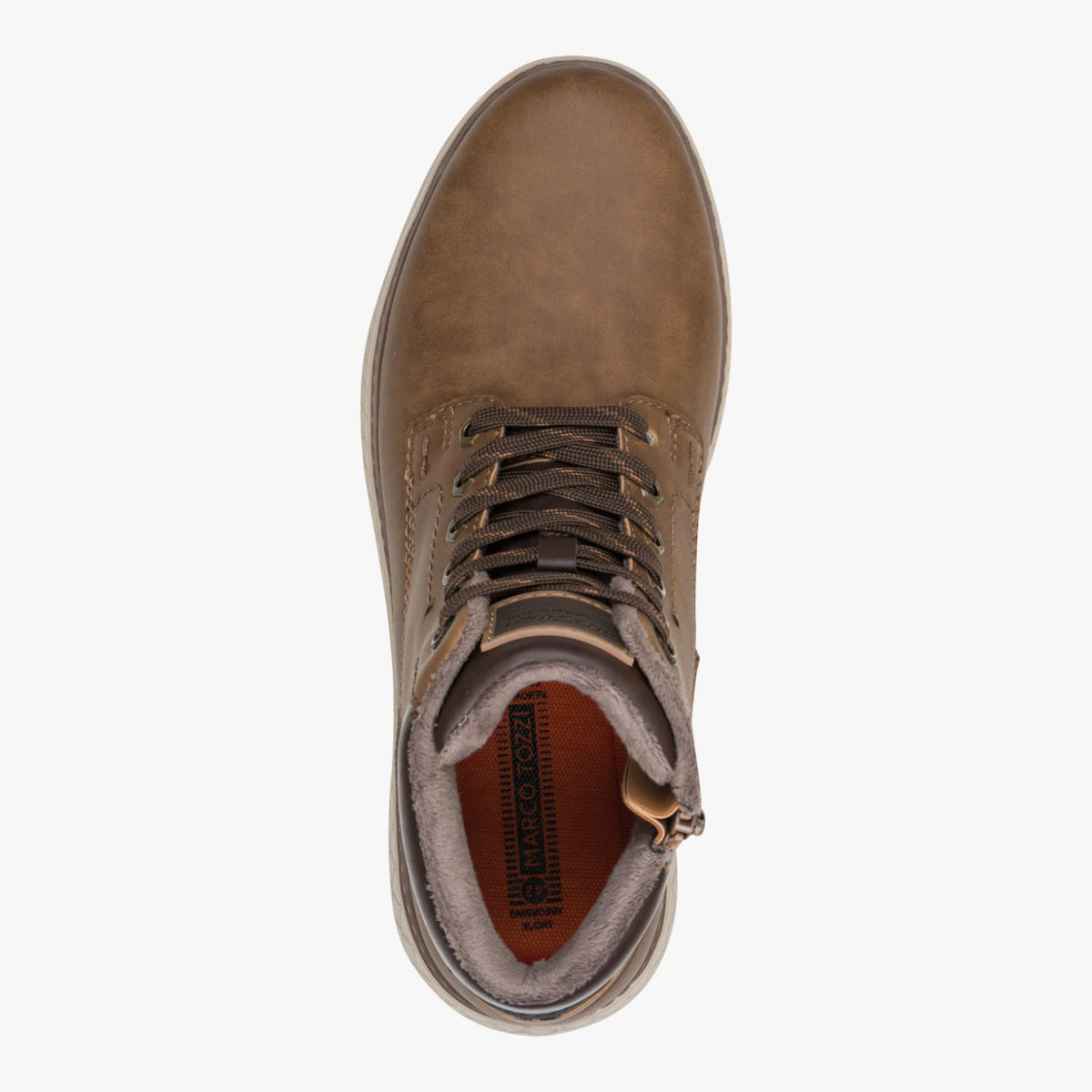 Top view of the Marco Tozzi cognac wide fit boot, showing the laces and rounded toe.