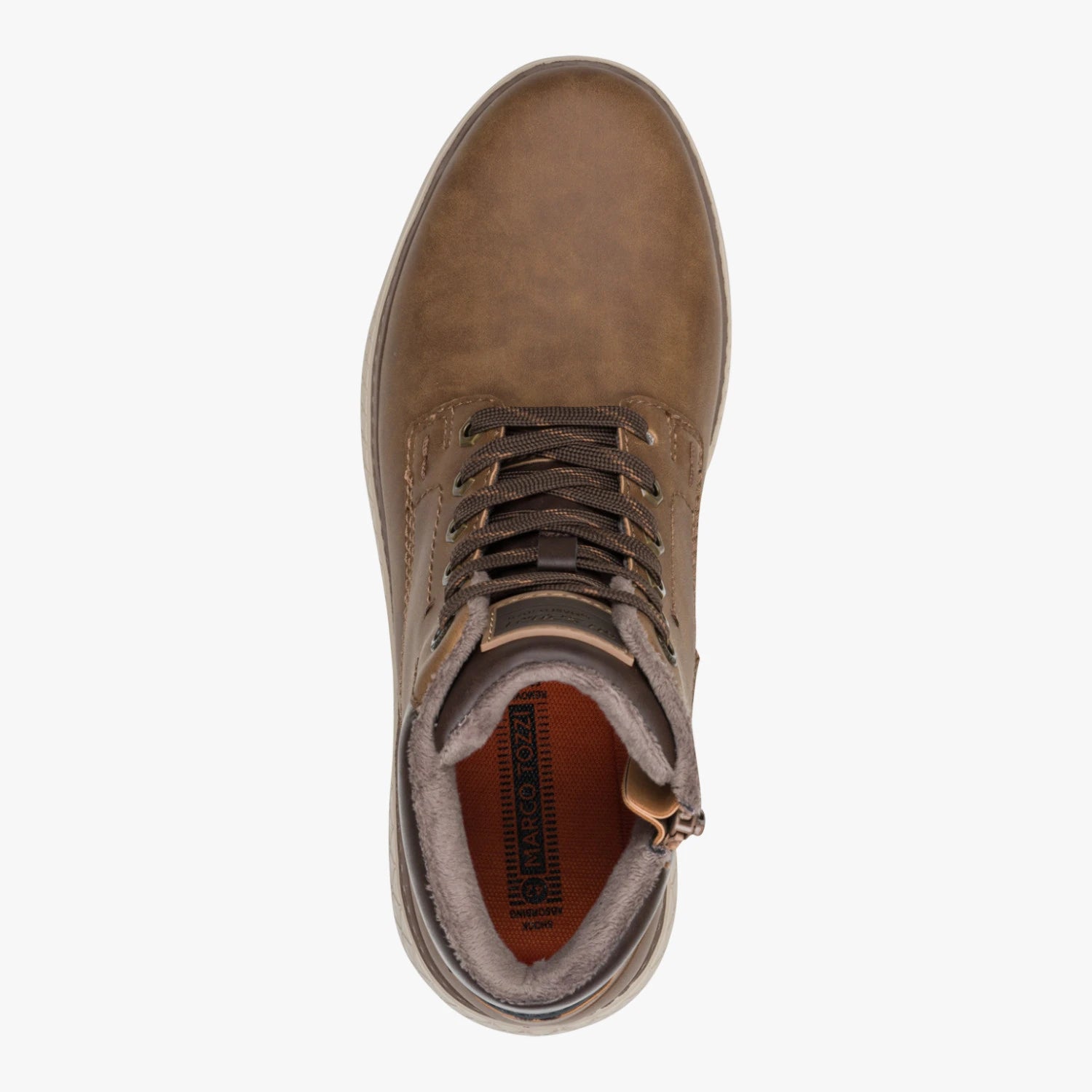 Top view of the Marco Tozzi cognac wide fit boot, showing the laces and rounded toe.
